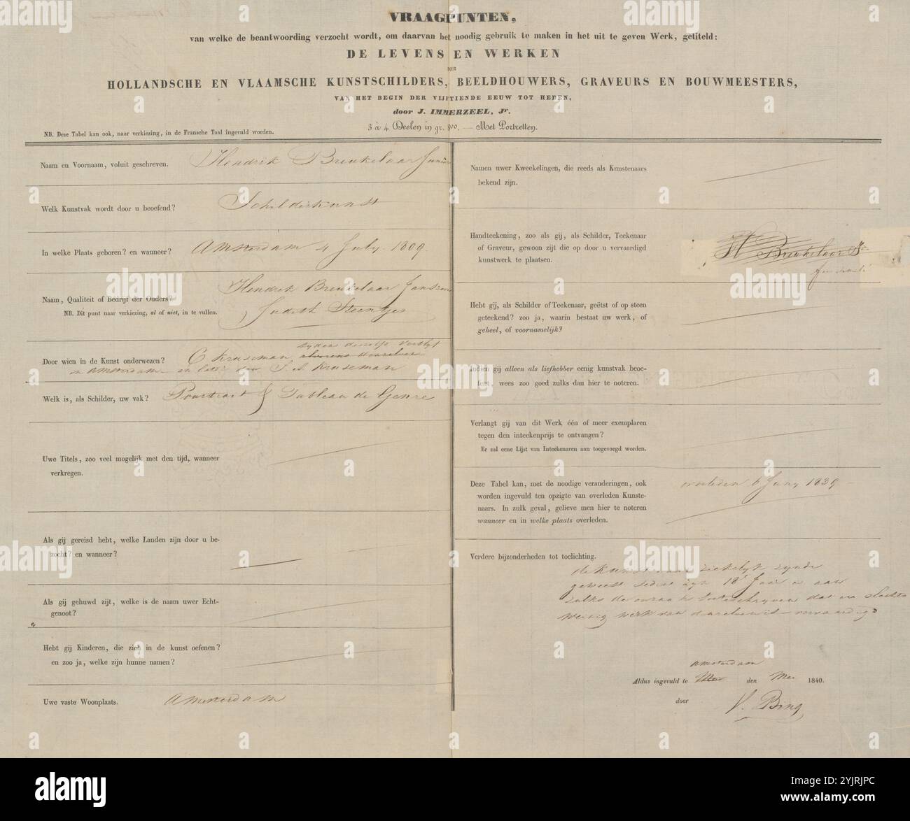 Modulo d'indagine riguardante Hendrik Breukelaar, modulo d'indagine, iscrizione, stampato: "Punti interrogativi, le cui risposte sono richieste, al fine di farne l'uso necessario nell'opera da pubblicare, intitolato: Le vite e le opere, dei pittori olandesi e fiamminghi, scultori, incisori e maestri costruttori, dall'inizio del XV secolo ad oggi di J. Immerzeel, Jr.", stampato, cliente: Johannes, scrittore: Bing: Amsterdam, maggio 1840, carta inchiostro, scrittura, penna, stampa, inclusa in: Immerzeel, J. Jr., The Lives and Works of the Dutch and Flemish Foto Stock