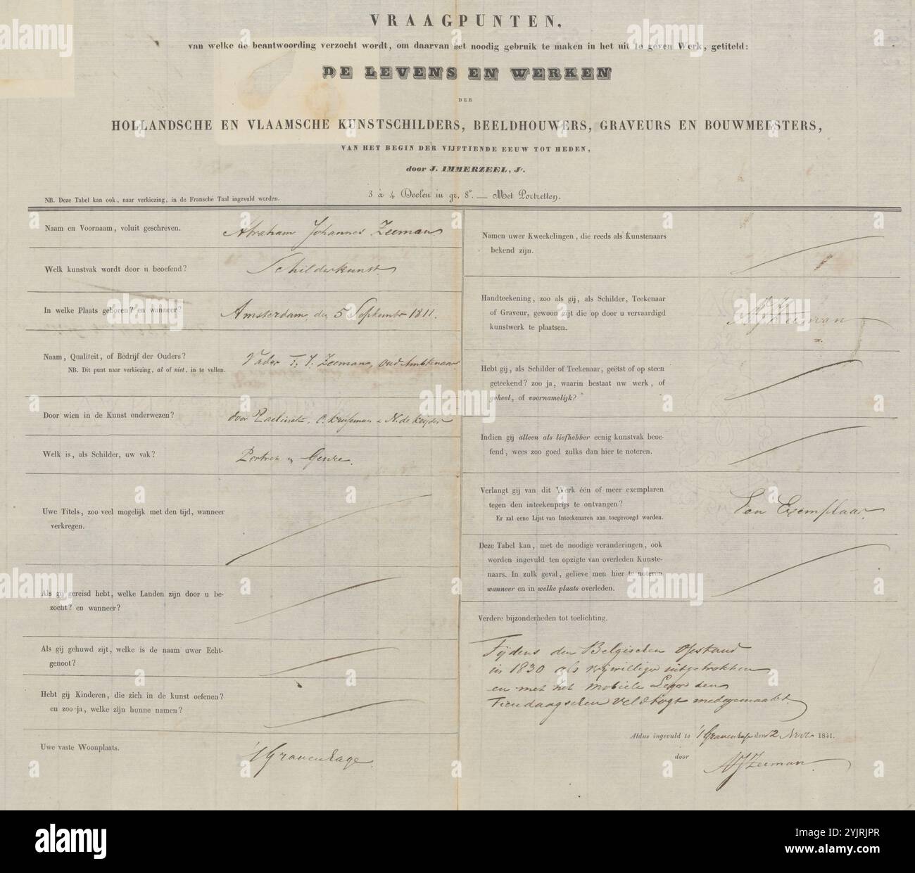 Modulo di indagine completato da Abraham Johannes Zeeman, modulo di indagine calligrafia, iscrizione, stampato: "Punti interrogativi, le cui risposte sono richieste, al fine di farne l'uso necessario nell'opera da pubblicare, intitolato: Le vite e le opere, dei pittori olandesi e fiamminghi, scultori, incisori e maestri costruttori, dall'inizio del XV secolo ad oggi di J. Immerzeel, Jr.", stampato, cliente: Johannes-Immerzeel, scrittore, 12 novembre 1841. penna, stampa, incluso in: Immerzeel, J. Jr., The Lives and Works of the Dutch Foto Stock