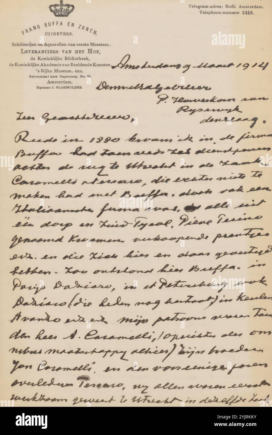 Lettera a Pieter Haverkorn van Rijsewijk, scrittore: Frans Buffa en Zonen, scrittore: Jacobus Slagmulder, Amsterdam, 9 marzo 1914, carta inchiostro, scrittura, penna, stampa, arte, negozio d'arte, personaggi storici (ritratti e scene della vita), pittura (tra cui illuminazione di libri, miniature), Utrecht, Pieter Haverkorn van Rijsewijk, Kunsthandel Caramelli & Tessaro, Alberto Caramelli, Jan Caramelli, Filippo Tessaro, Matthijs Maris, William Burrell, Arthur Kay Foto Stock