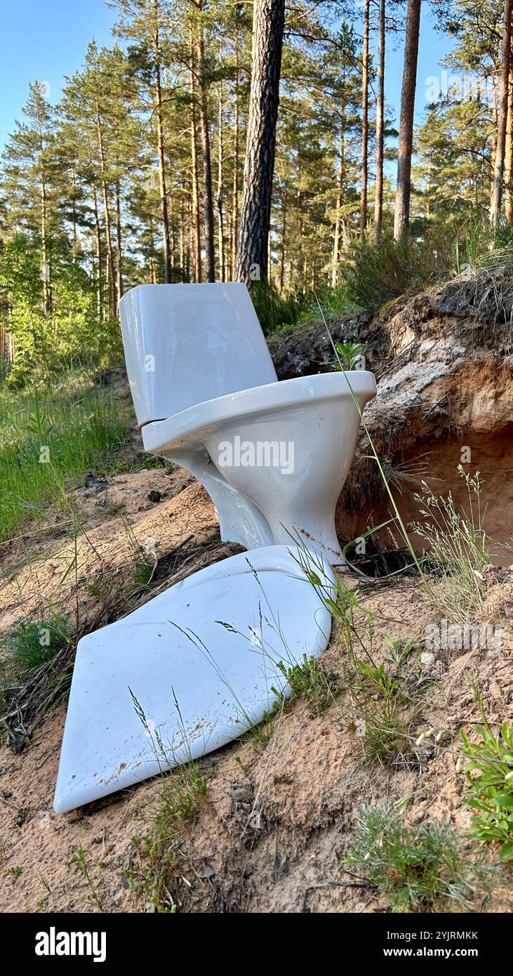 WC bianco lasciato in natura come spazzatura dalla strada forestale in Lettonia. Foto Stock