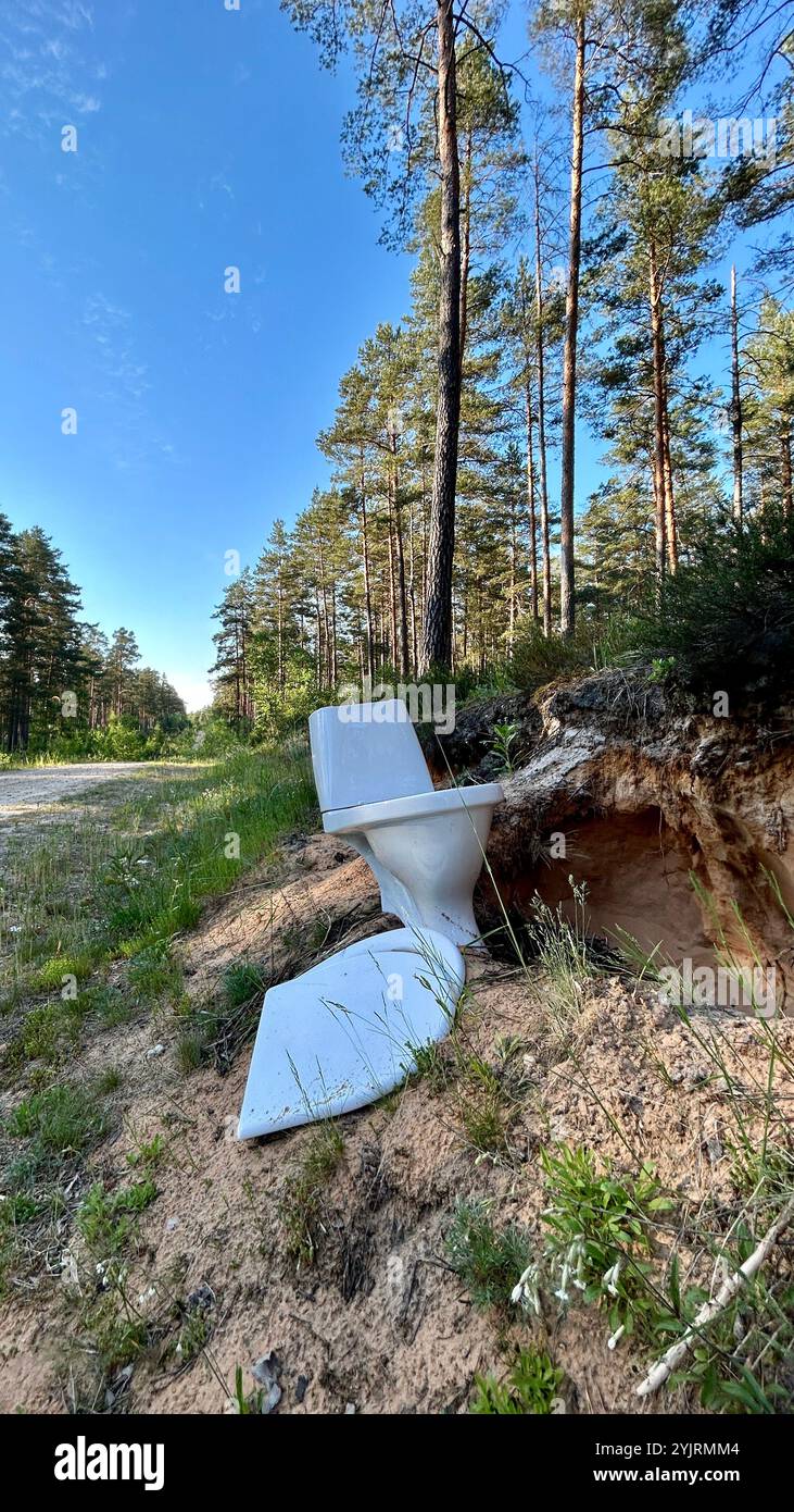 WC bianco lasciato in natura come spazzatura dalla strada forestale in Lettonia. Foto Stock