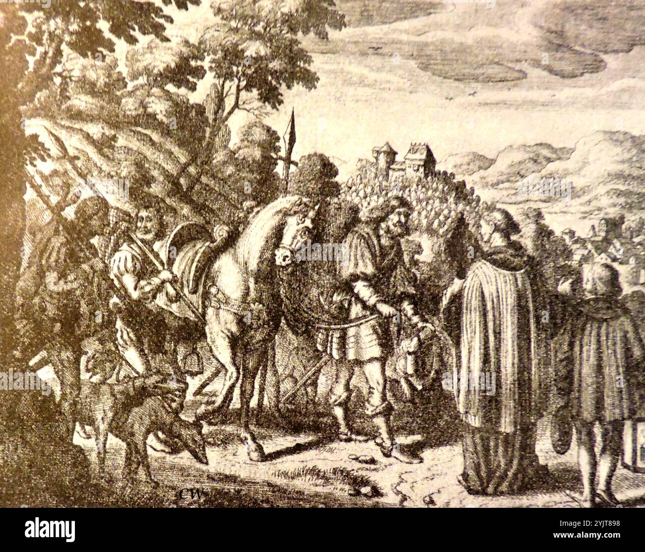 Una prima stampa che mostra Rudolf von Habsburg e il sacerdote associato allo scrittore teatrale Franz Seraphicus Grillparzer- Franz Seraphicus Grillparzer -Ein früher Druck, der Rudolf von Habsburg und den mit dem Theaters chriftsteller Franz Seraphicus Grillparzer verbundenen Priester zeigt. Foto Stock