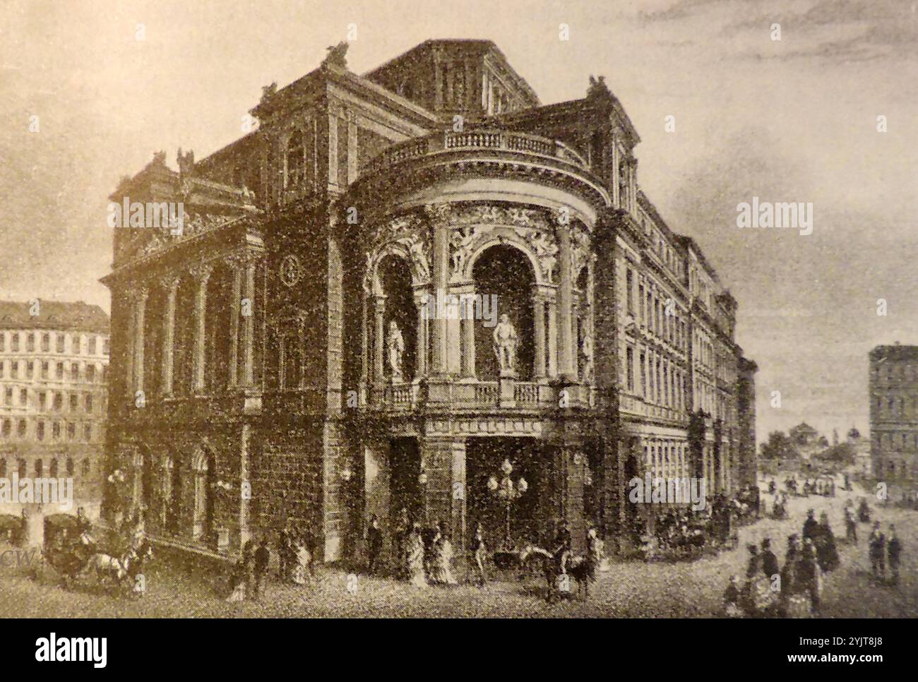Una vecchia illustrazione che mostra lo Stadttheater di Vienna, associato allo scrittore teatrale Franz Seraphicus Grillparzer - Eine alte Illustration des Wiener Stadttheater, Die mit dem Theaterautor Franz Seraphicus Grillparzer in Verbindung gebracht Wird - Foto Stock
