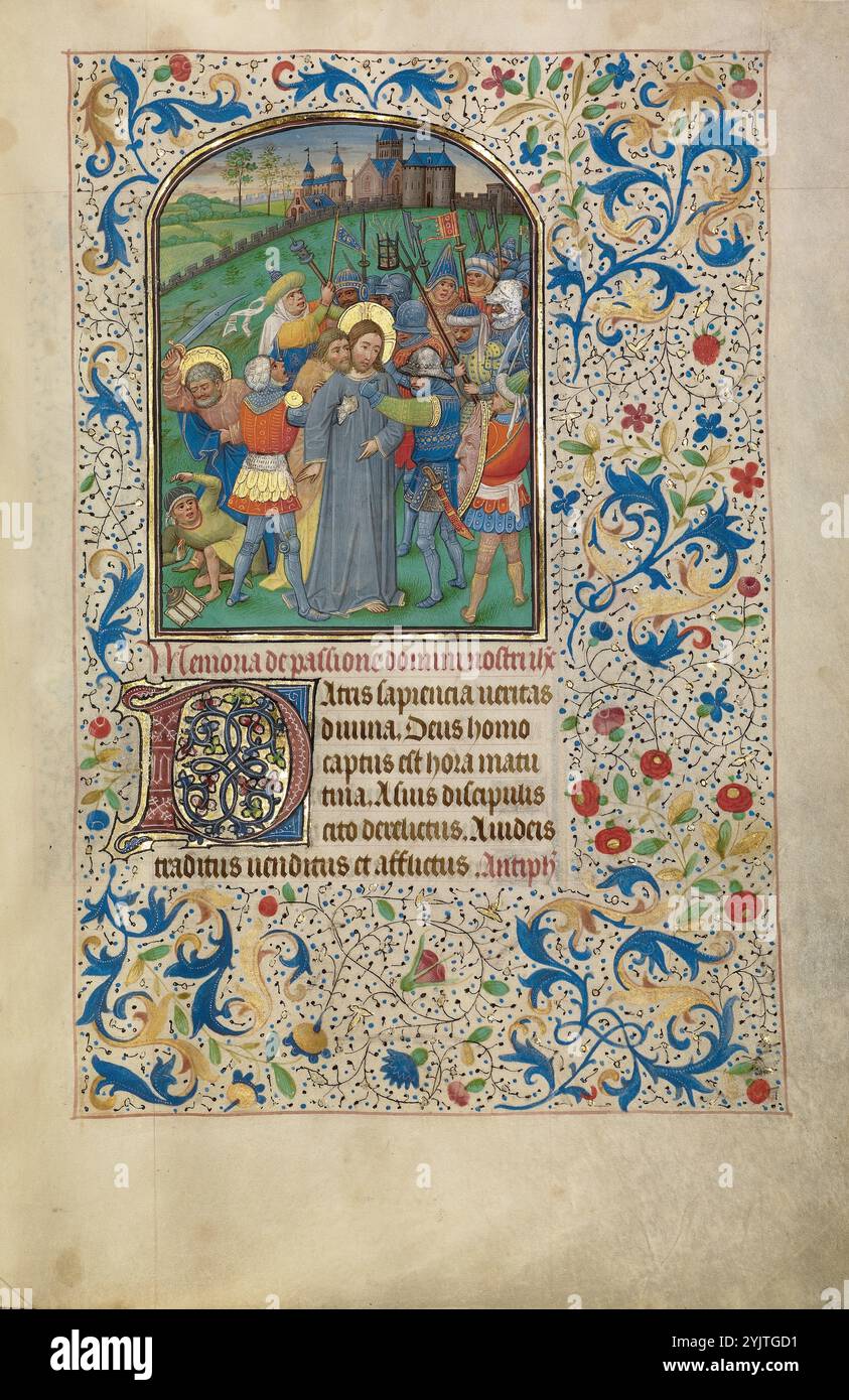 Il tradimento di Cristo; Arenberg Hours, primi anni '1460 Ulteriori informazioni: Giuda si appoggia da dietro per baciare Cristo, un segnale che rivela l'identità di Gesù ai soldati, che poi si impadroniscono di Cristo. I vestiti dai colori vivaci e i movimenti rapidi dei soldati contrastano con l'abbigliamento cupo e la figura stazionaria di Cristo stesso, che proietta un umore passivo di calma accettazione. L'immagine è la prima di una serie di raffigurazioni della passione di Cristo che accompagna una sequenza di preghiere dedicate allo stesso soggetto. Foto Stock