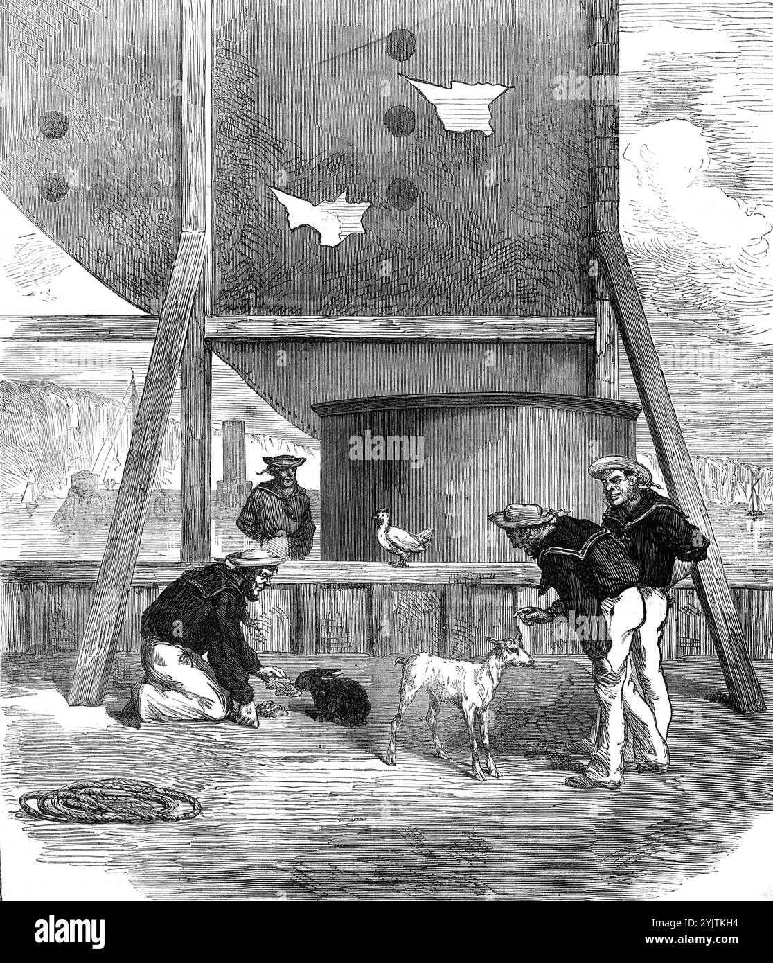 I tre occupanti della torretta di H.M.S. Glatton quando spararono contro, 1872. "La torretta-nave Glatton ha resistito con successo alla prova di essere stata effettivamente colpita dal cannone da 25 tonnellate dell'Hotspur... lo scopo speciale era quello di accertare se i carri, gli scivoli e i macchinari sarebbero stati soggetti a lesioni da colpi sulle pareti della torretta e se all'equipaggio sarebbe stato impedito di combattere i loro cannoni a causa degli effetti della commozione cerebrale causata da colpi pesanti che colpivano la torretta..tre creature viventi, vale a dire un bambino, un coniglio, e una gallina... e' stata messa nella torretta per provare loro gli effetti Foto Stock