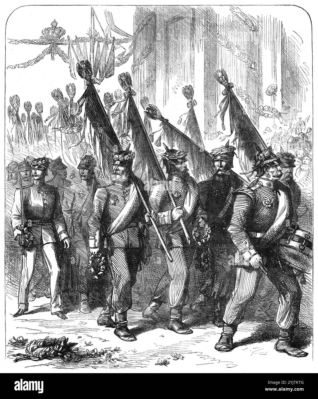 Il trionfo militare a Berlino: Conquistò le aquile francesi passando sotto la porta di Brandeburgo, 1871. "L'ingresso trionfale a Berlino... delle truppe più scelte dell'esercito tedesco, e dei rappresentanti di tutti impegnati nella tarda guerra... fu una grande festa militare e nazionale... il viale nobile chiamato Unter den Linden... era fiancheggiato da cannoni e pilastri francesi, mostrando i telegrammi di guerra ufficiali, collegati da festoni e ghirlande di fiori freschi... la linea di artiglieria catturata era rotta da archi trionfali, altrettanto semplici e di gusto nello stile della colossale Ga Brandeburgo Foto Stock