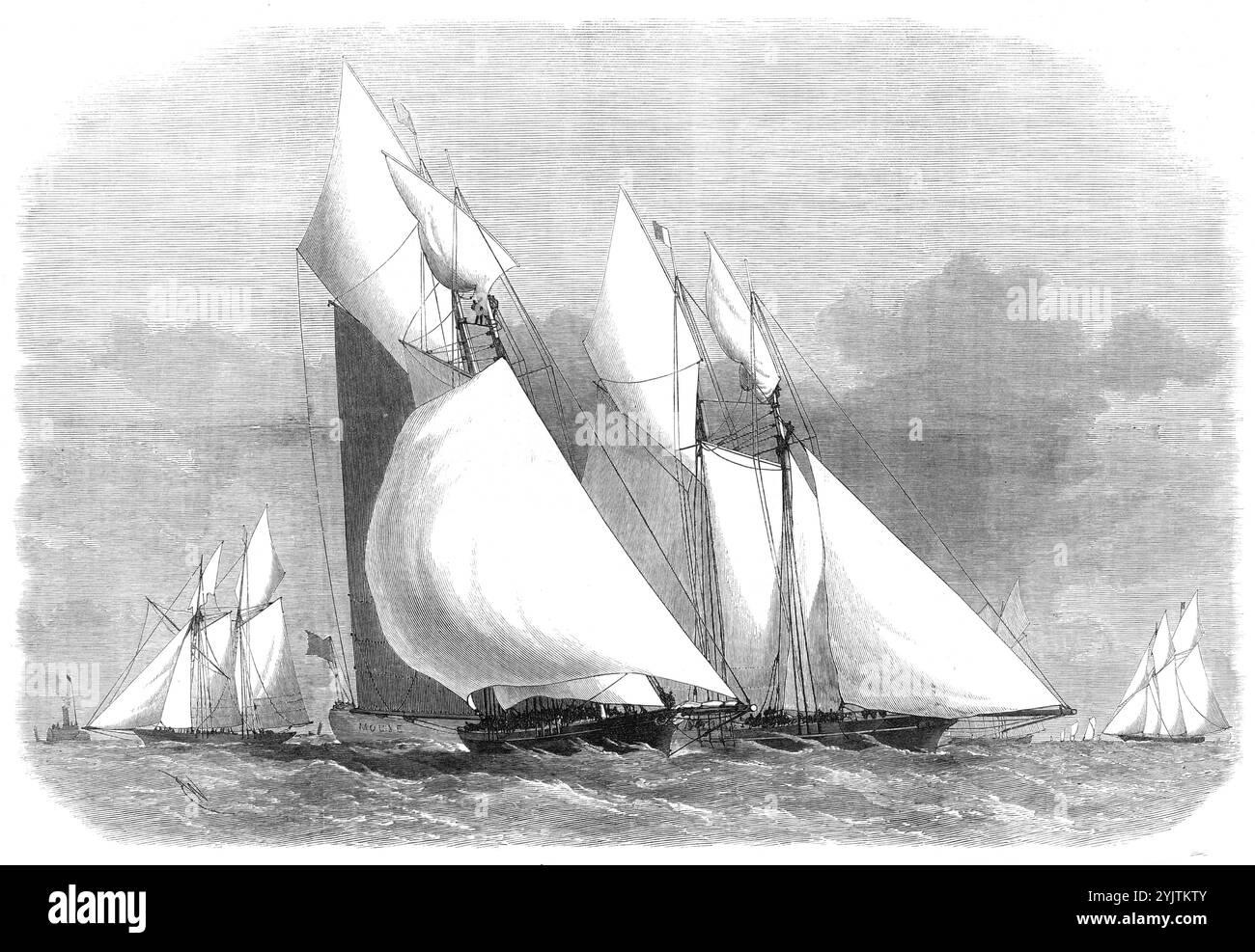 Il nuovo Thames Yacht Club schooner-match: Round the mouse Light-Ship, 1871. Il percorso era da Gravesend alla luce del mouse e ritorno. Nessuna nave di peso inferiore a 100 tonnellate è stata autorizzata a competere e per ogni tonnellata è stato concesso un lasso di tempo di quindici secondi a favore delle navi più piccole. Le cinque barche che hanno effettivamente iniziato erano la Egeria, 152 tonnellate, proprietario Mr. J. Mulholland; la Livonia, 265 tonnellate, Mr. J. Ashbury; la Gloriana, 133 tonnellate, signor A. O. Wilkinson; il Gwendolin, 183 tonnellate, maggiore W. Ewing; e il Flying Cloud, 75 tonnellate, Conte Batthyani...c'era un vento moderato dalla so Foto Stock