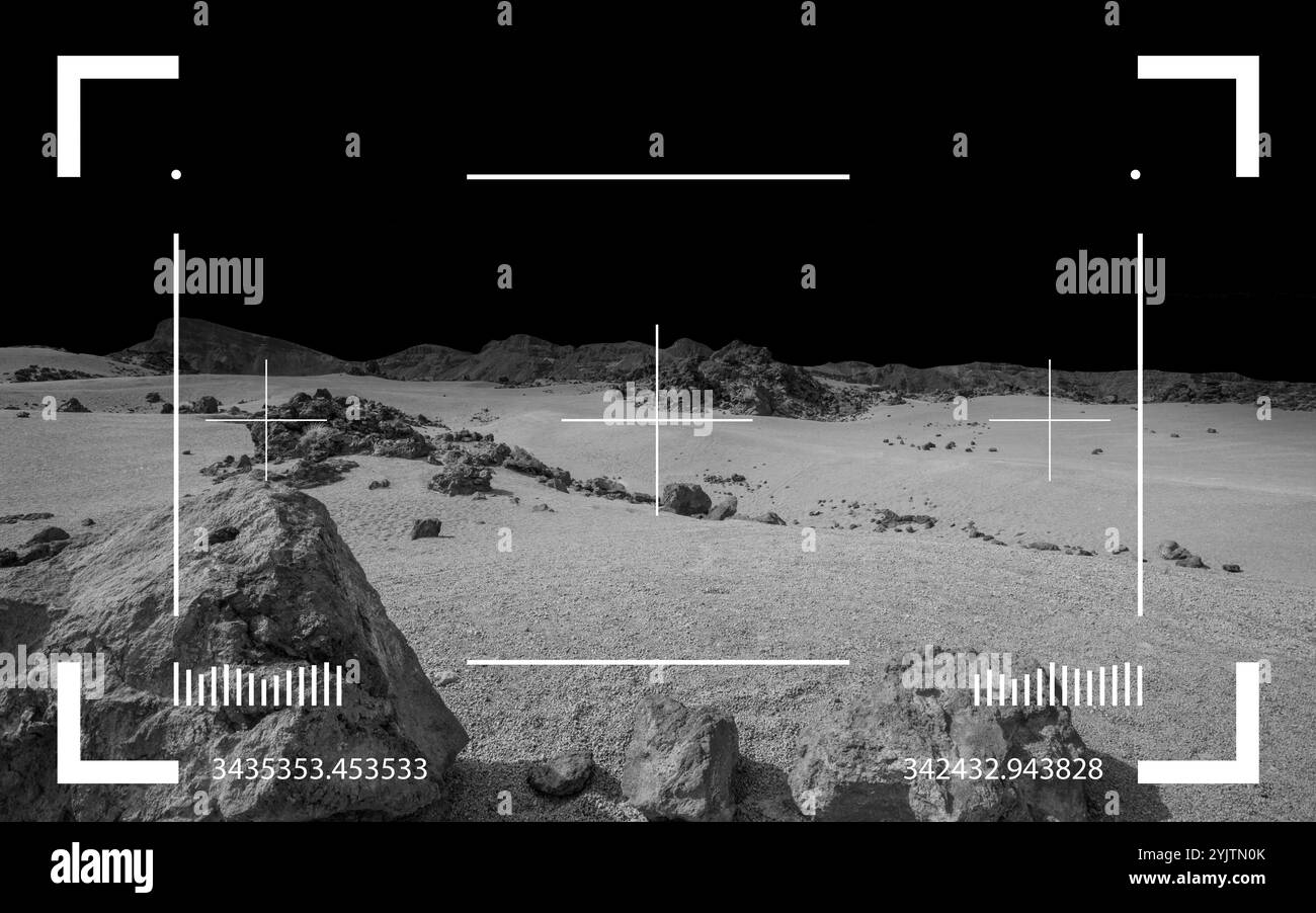 Pianeta oscuro, satellite o paesaggio asteroide. Scena cosmica con deserto, pietra, sabbia e paradiso nero. Sfondo spazio Foto Stock