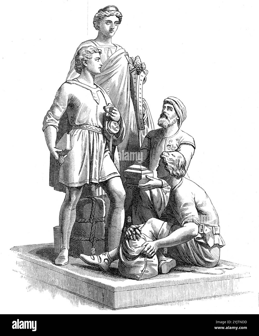 Il Prince Consort National Memorial: "Commerce", di T. Thornycroft, 1872. Sculture sull'Albert Memorial. "I quattro gruppi di statue in marmo, che rappresentano "Agricoltura" e "fabbriche", "commercio" e "Ingegneria", che occupano i quattro angoli del podio, o seminterrato, del santuario gotico eretto di fronte alla Royal Albert Hall di Kensington [a Londra], non sono l'aspetto meno importante di questa splendida e sontuosa combinazione. [Il gruppo Commerce] si trova nell'angolo nord-est del podio. La figura allegorica dominante Foto Stock