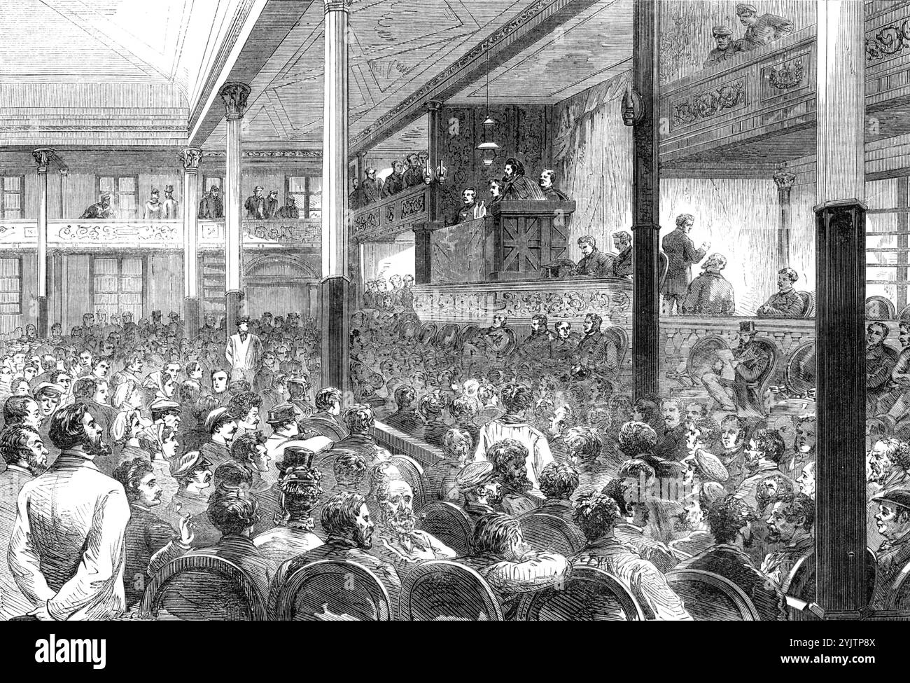Il diritto di incontro a Parigi: M. Ducasse parla alla Salle des Folies-Belleville, 1869. "Il diritto di riunione (droit de la reunion) concesso in Francia contemporaneamente alla nuova libertà della stampa ha portato alla formazione di diversi club... in cui le questioni sociali e anche politiche sono discussed...in lo stesso spirito dei giacobini o dei cordelieri nei giorni della prima Rivoluzione... i relatori sono generalmente piccoli demagoghi, che danno sfogo a lunghe stringhe di teorie repubblicane e comuniste, che sono ingoiati avidamente dal loro pubblico...[questo] pubblico, compos Foto Stock