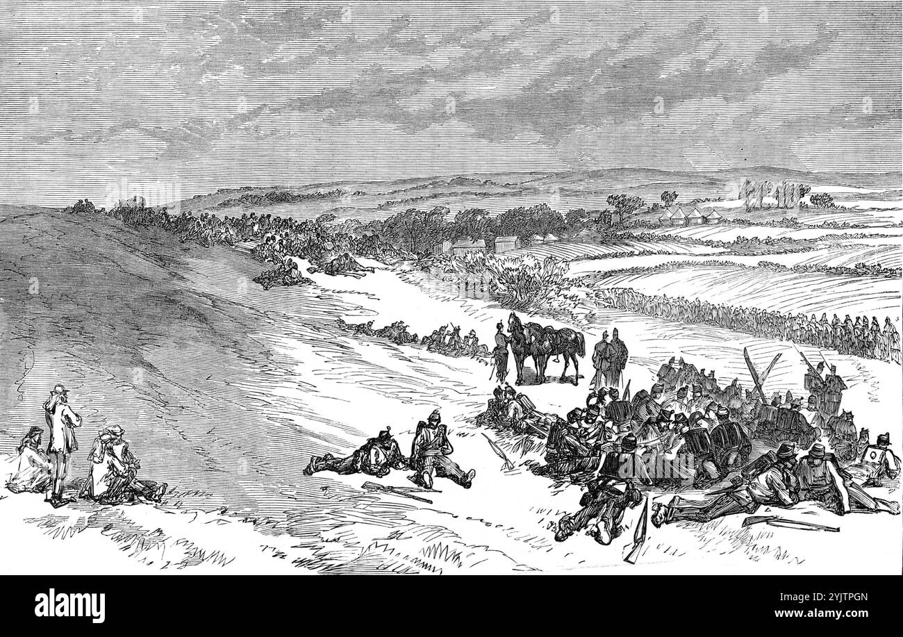 La campagna d'autunno: Vicino a Witchampton - seconda divisione dell'esercito meridionale avanzando da Cranborne, 1872. Manovre dell'esercito britannico. "Giovedì settimana è stata combattuta la battaglia di Witchampton, che si dice di gran lunga la più interessante e istruttiva di tutte quelle che sono passate da quando l'esercito del Sud è stato riunito. Diamo un'illustrazione, da uno sketch del nostro artista speciale, della seconda divisione che avanza come difensori da Cranborne a Race Down. La prima linea è distesa dietro una cresta. A destra, in primo piano, ci sono i 88° Connaught Rangers. Da "Illustrated London News" Foto Stock
