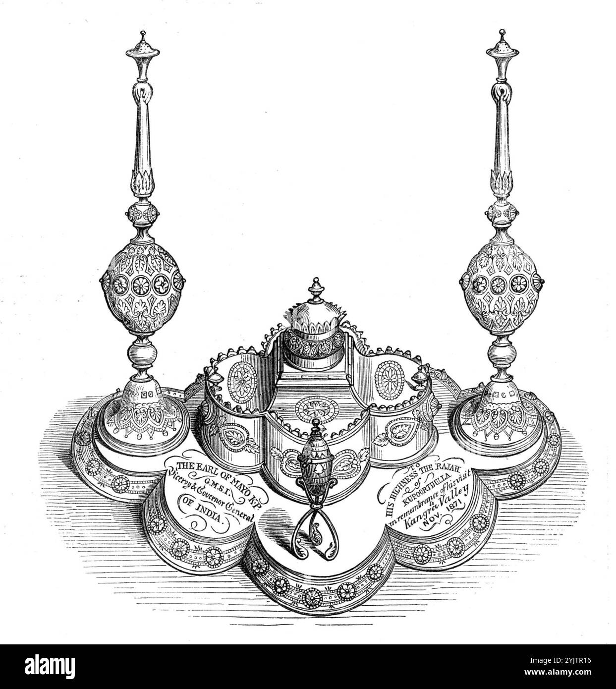 Dono del defunto conte di Mayo al Rajah di Kuppoorthulla, 1872. "Il Rajah di Kuppoorthala, o Kapporthulla, è un principe nativo indipendente del Punjaub, la cui lodevole condotta come sovrano, e la sua fedele amicizia con il governo indiano britannico, è stata spesso elogiata...il defunto viceré, il conte di Mayo, essendo stato ospitalmente e sontuosamente intrattenuto dal Maharajah, quando nel suo viaggio di ritorno dalla valle di Kangra, poche settimane prima della sua morte, ordinò un regalo adatto da preparare e inviare a sua altezza, come riconoscimento di tale beha principesco Foto Stock