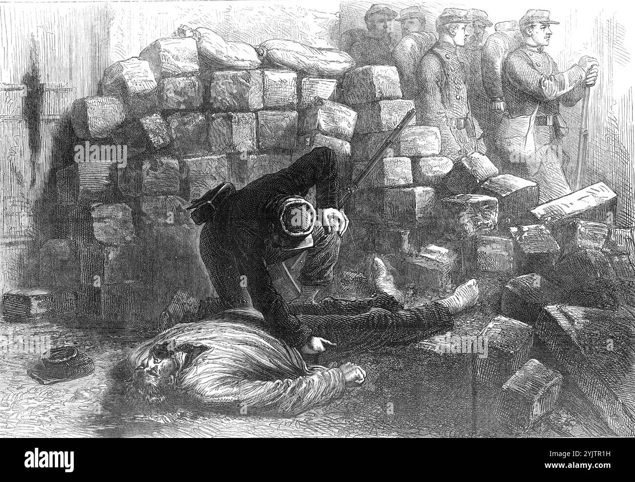 L'ultima perquisizione, 1871. La semaine sanglante a Parigi - un soldato aiuta se stesso al contenuto delle tasche di un uomo giustiziato di recente. "Continuando la serie delle nostre illustrazioni, fornite dai bozzetti del nostro artista speciale, e di diversi artisti francesi, che hanno assistito al deplorevole conflitto di Parigi, è nostro doloroso compito rappresentare i grossi atti di vendetta che hanno seguito la conquista di diversi quartieri della città...centinaia di insorti comunisti, catturati alle barricate con le armi in mano, e rifiutati di sottomettersi agli ufficiali c Foto Stock