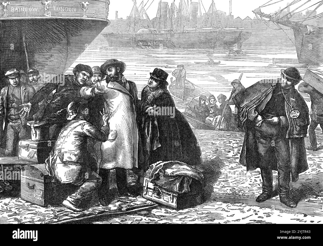 Lasciando il porto di Londra, 1872. "Il viaggiatore via mare dal porto di Londra... è spesso esposto a disagi che potrebbe evitare prendendo la ferrovia... quando la nave si trova a metà fiume, appena sotto la Torre, e può essere raggiunto solo noleggiando una barca alle scale di Irongate, i problemi, il fastidio e l'estorsione che si deve sopportare non possono essere valutati con leggerezza. Crediamo che non siano gli stessi marinai autorizzati ad essere colpevoli tanto quanto la folla disordinata di tizi maleducati che si impadroniscono dei bagagli del viaggiatore quando vengono presi dal suo taxi e si offrono volontariamente ai loro servizi Foto Stock