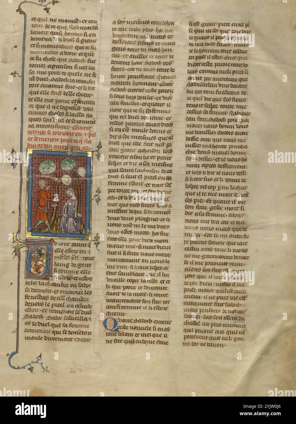 Naburzadan parla con Celynde; Roman du Bon Chevalier Tristan, Fils au Bon Roy Meliadus de Leonois, circa 1320-1340. Pagina di un libro basato sul romanticismo cavalleresco medievale di Tristano e Iseult, noto anche come Tristano e Isotta. Foto Stock