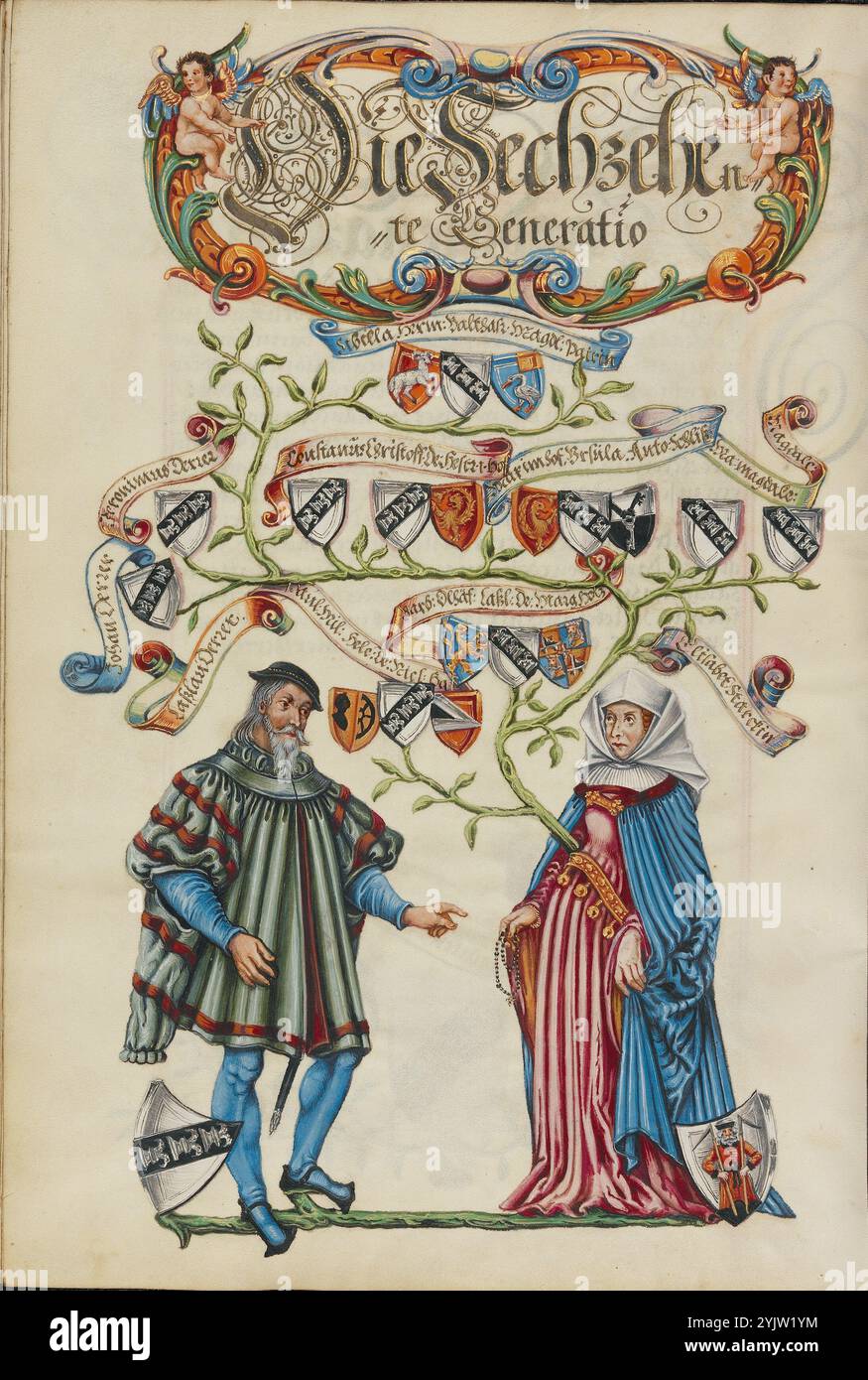 La sedicesima generazione, Lasslau Derrer; genealogia della famiglia Derrer, circa 1626-1711. Foto Stock