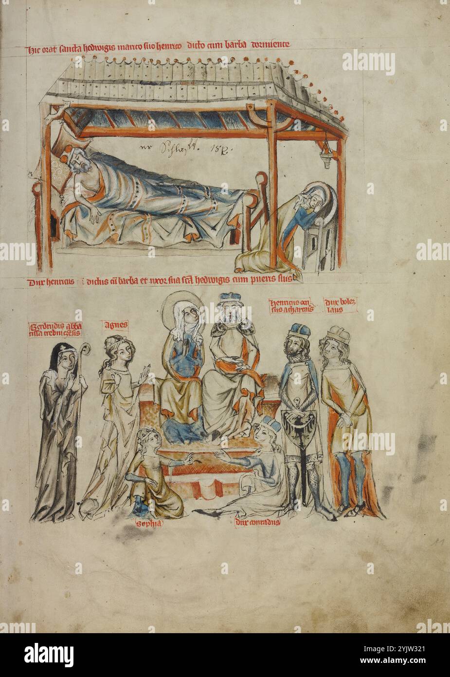 Heinrich Sleeping e Sant'Edvige in preghiera: Heinrich e Sant'Edvige con i loro figli; vita beatae Hedwigis, 1353. Ulteriori informazioni: Le immagini di questa pagina e la sua controparte di fronte presentano Edvige come figlia, moglie e madre doverosa, anch'essa dedita ad una vita di intensa preghiera e castità. Sulla pagina opposta, Edvige appare prima con i suoi genitori e fratelli e poi come sposa. Sul foglio qui mostrato, Edvige prega di notte mentre suo marito, il duca Heinrich, dorme. La scena avrebbe ricordato agli spettatori che la coppia ha fatto voto di celibato dopo il matrimonio e la nascita Foto Stock