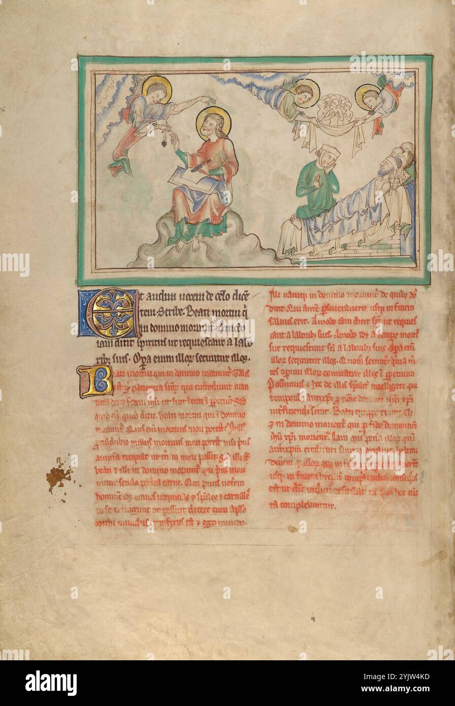 Giovanni comandò di scrivere e i Beati morti; Dyson Perrins Apocalisse, intorno al 1255-1260. Ulteriori informazioni: Citazione testo: E ho sentito una voce dal cielo che mi diceva: "Scrivete: Beati i morti, che muoiono nel Signore". (Apocalisse 14:13). Un angelo scende dal cielo con una penna e una pentola, che consegna a San Giovanni, pronto con pergamena e un coltello. A destra, una donna piange per quattro uomini morti. Gli angeli sopra portano le anime dei defunti direttamente in cielo, segno che sono tra i beati che sono morti nel Signore. Foto Stock