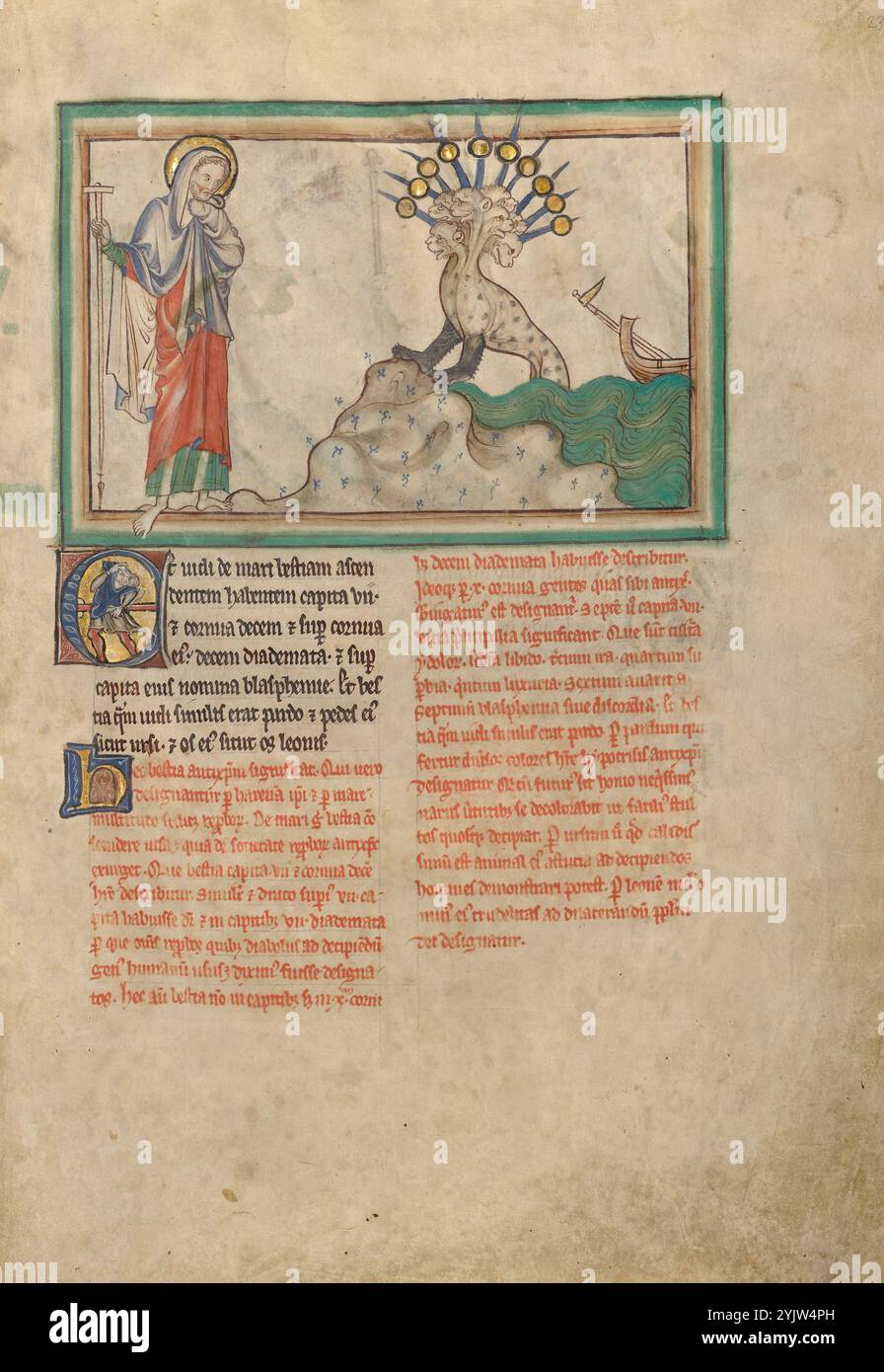 La bestia dal mare; Dyson Perrins Apocalisse, circa 1255-1260. Ulteriori informazioni: Citazione testo: E ho visto una bestia salire fuori dal mare, con sette teste e dieci corna, e sulle sue corna dieci corone . . . . E la bestia. . . era come un leopardo, e i suoi piedi erano come i piedi di un orso, e la sua bocca come la bocca di un leone. (Apocalisse 13:1-2) dalla cima di una piccola collina, questa terrificante bestia ibrida sembra confrontarsi con San Giovanni, che tira il suo mantello ermeticamente intorno a lui. All'estrema destra, una barca e' appena visibile sul mare. Foto Stock