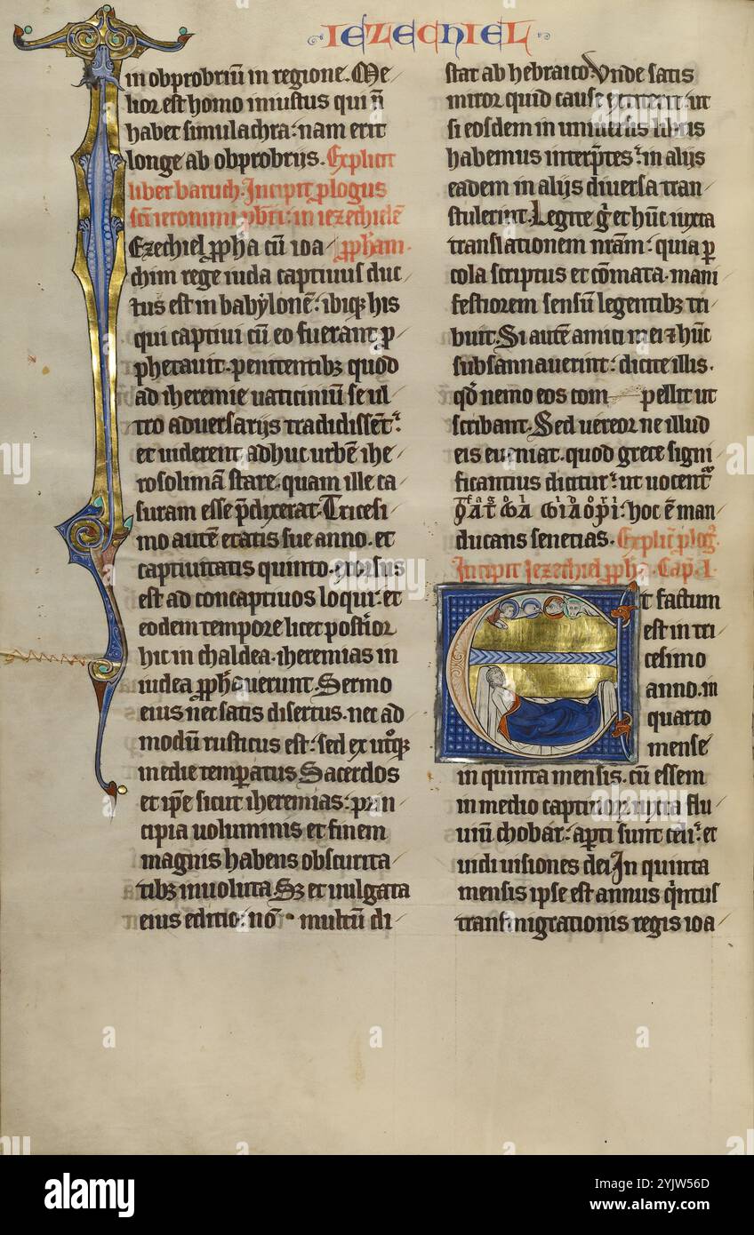 E iniziale: Visione di Ezechiele del Tetramorfo; Bibbia di Marquette, intorno al 1270. Foto Stock