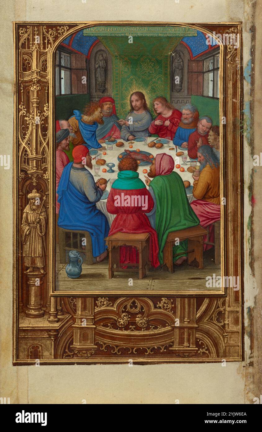 L'ultima cena; Libro di preghiera del cardinale Alberto di Brandeburgo, 1525-1530. Informazioni aggiuntive: In questa miniatura, Simon Bening concentrò diversi momenti dell'ultima cena in un'unica scena. Mentre Cristo annuncia che uno dei presenti lo tradirà, i discepoli reagiscono in modo travagliato. Mentre parla, Cristo guarda direttamente Giuda, l'uomo barbuto con i capelli ricci sulla sinistra. Gesù gli offre anche un pezzo di pane, il mezzo per identificare il traditore nel racconto di San Giovanni dell'ultima cena. Giuda si alza dal suo posto per accettare il pane di Cristo. Set di fissaggio t Foto Stock