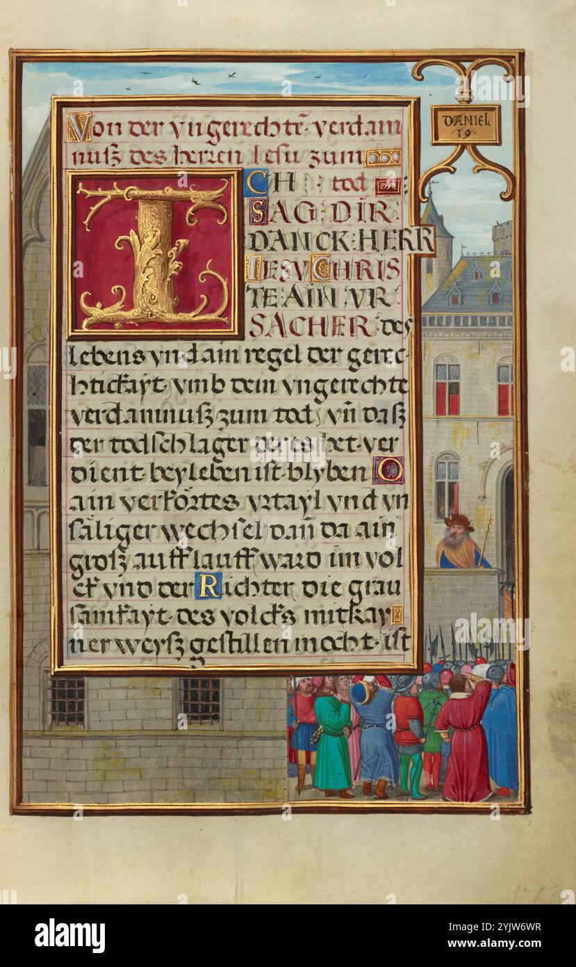 Confine con il popolo che chiede Daniele da Ciro; Libro di preghiera del Cardinale Alberto di Brandeburgo, circa 1525-1530. Ulteriori informazioni: Una folla arrabbiata si avvicina al palazzo del re Ciro per chiedere che il profeta Daniele venga gettato nella tana dei leoni come punizione per aver ucciso un drago che il popolo aveva adorato come dio. Il re, accusato di essersi rivoltato contro il suo stesso popolo per diventare ebreo, cede alla folla e consegna Daniele. I cristiani medievali videro il riluttante Ciro che trasformò un uomo giusto in morte apparentemente certa come una prefigurazione del nuovo Testamento Foto Stock
