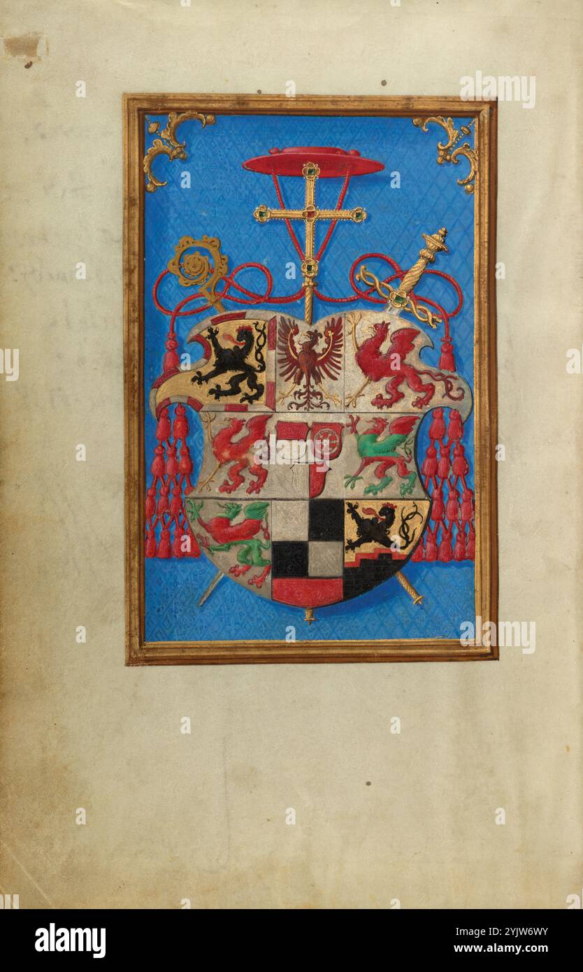 Blazon del Cardinale Albrecht von Brandenburg; Libro di preghiera del Cardinale Albrecht di Brandeburgo, circa 1525-1530. Ulteriori informazioni: Questo stemma rappresenta i diversi aspetti del Cardinale Albrecht di Brandeburgo, non solo una potente figura politica ed ecclesiastica, ma anche uno dei più esigenti mecenati dell'arte fiamminga degli anni '1500 Un cappello rosso da cardinale, le cui corde si avvolgono in nodi con una fioritura calligrafica, si trova in cima a un crocifisso. La croce, il crozier e la spada si riferiscono ai doveri sacri e secolari del cardinale, compresi i suoi ruoli di elettore e arcivescovo di Magonza e Magde Foto Stock
