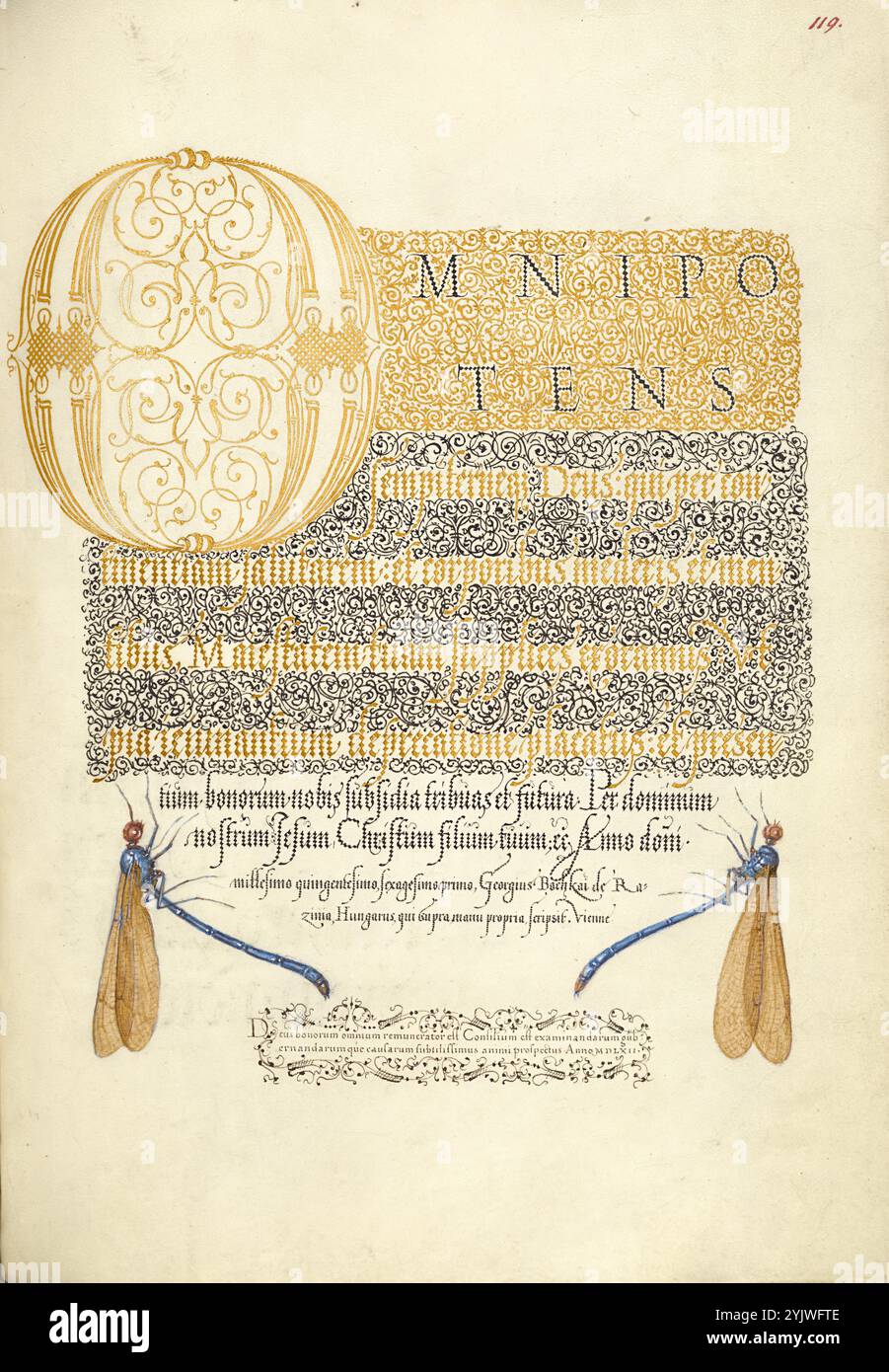 Damselflies; mira calligraphiae monumenta, 1561-1562; illuminazione aggiunta 1591-1596. Informazioni aggiuntive: Negli anni '1500, quando la stampa divenne il metodo più comune per produrre libri, gli intellettuali apprezzarono sempre più l'inventiva degli scribi e le qualità estetiche della scrittura. Dal 1561 al 1562, Georg Bocskay, segretario di corte dell'imperatore del Sacro Romano Impero Ferdinando i, creò questo Model Book of Calligraphy per dimostrare la sua padronanza tecnica dell'immensa gamma di stili di scrittura a lui noti. L'imperatore Rodolfo II in seguito commissionò a Joris Hoefnagel di illuminare il libro modello di Bocskay. Ad Hoefnagel Foto Stock