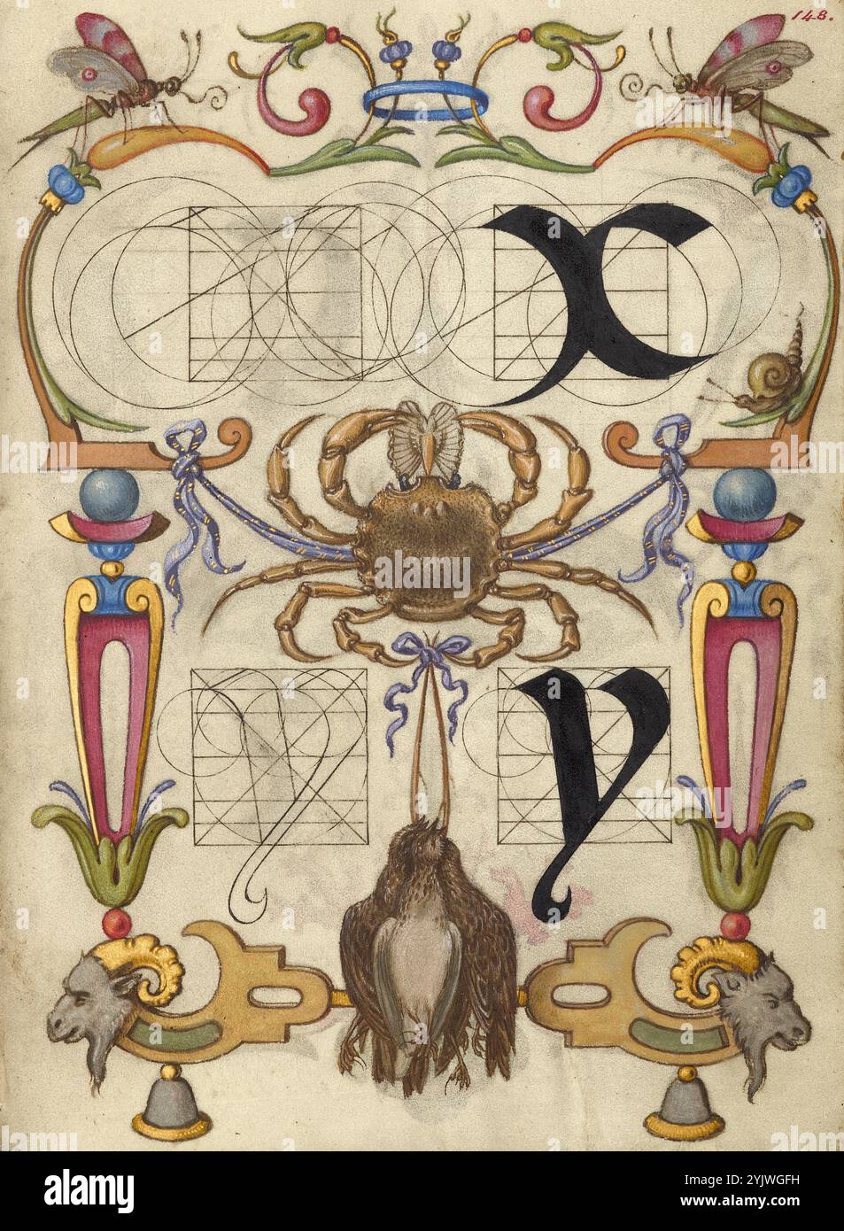 Guida per la costruzione delle lettere x e y; mira calligraphiae monumenta, circa 1591-1596. Informazioni aggiuntive: Negli anni '1500, quando la stampa divenne il metodo più comune per produrre libri, gli intellettuali apprezzarono sempre più l'inventiva degli scribi e le qualità estetiche della scrittura. Dal 1561 al 1562, Georg Bocskay, segretario di corte croato dell'imperatore Ferdinando i, creò questo modello di libro di calligrafia a Vienna per dimostrare la sua padronanza tecnica dell'immensa gamma di stili di scrittura a lui noti. Circa trent'anni dopo, l'imperatore Rodolfo II, nipote di Ferdinando, Foto Stock