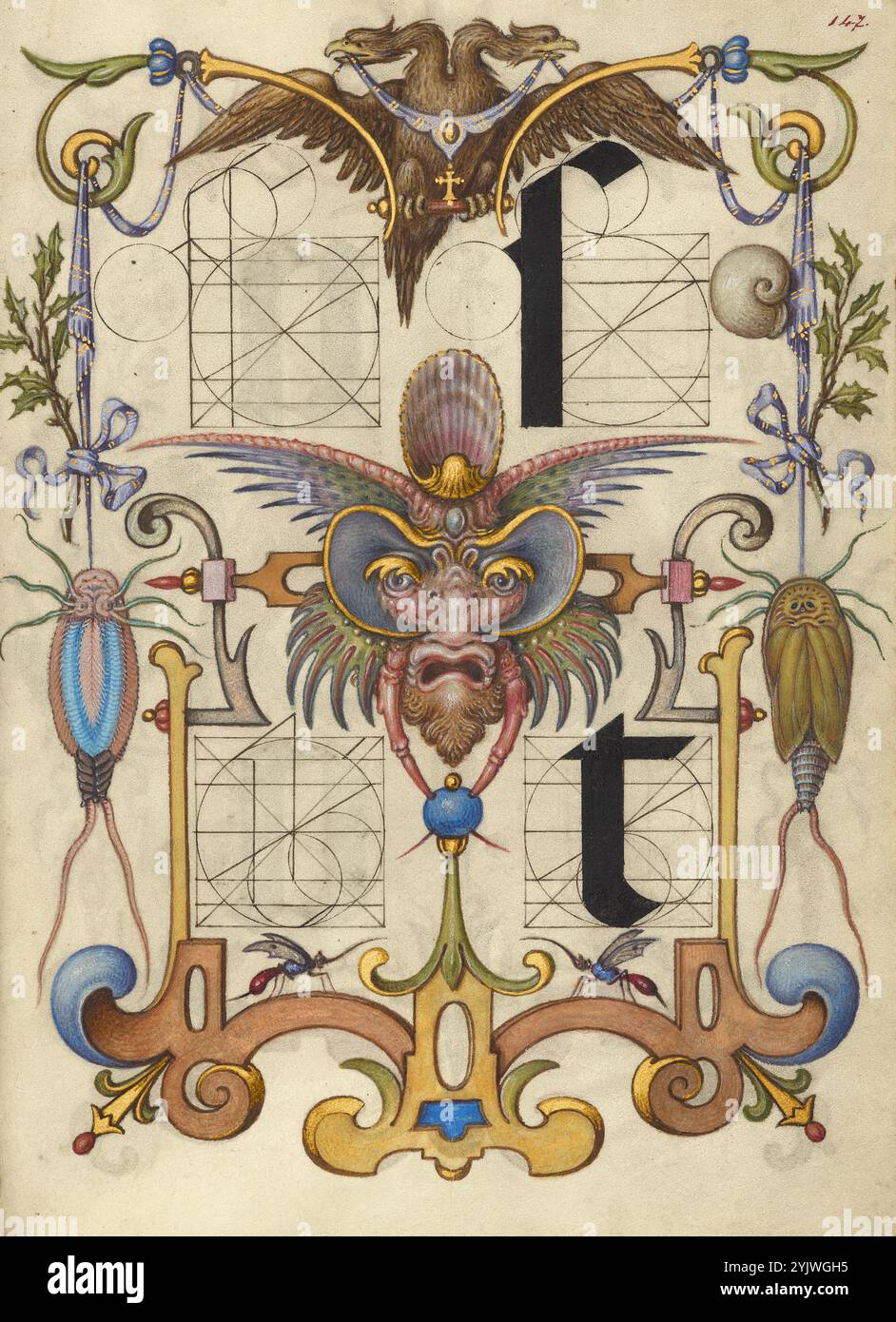 Guida per la costruzione delle lettere S e t; mira calligraphiae monumenta, circa 1591-1596. Informazioni aggiuntive: Negli anni '1500, quando la stampa divenne il metodo più comune per produrre libri, gli intellettuali apprezzarono sempre più l'inventiva degli scribi e le qualità estetiche della scrittura. Dal 1561 al 1562, Georg Bocskay, segretario di corte croato dell'imperatore Ferdinando i, creò questo modello di libro di calligrafia a Vienna per dimostrare la sua padronanza tecnica dell'immensa gamma di stili di scrittura a lui noti. Circa trent'anni dopo, l'imperatore Rodolfo II, nipote di Ferdinando, Foto Stock