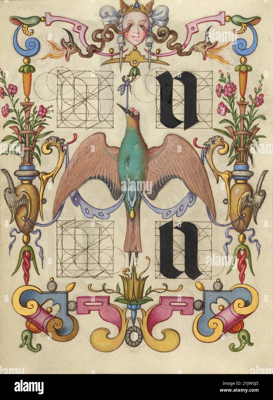 Guida per la costruzione delle lettere u e V; mira calligraphiae monumenta, circa 1591-1596. Informazioni aggiuntive: Negli anni '1500, quando la stampa divenne il metodo più comune per produrre libri, gli intellettuali apprezzarono sempre più l'inventiva degli scribi e le qualità estetiche della scrittura. Dal 1561 al 1562, Georg Bocskay, segretario di corte croato dell'imperatore Ferdinando i, creò questo modello di libro di calligrafia a Vienna per dimostrare la sua padronanza tecnica dell'immensa gamma di stili di scrittura a lui noti. Circa trent'anni dopo, l'imperatore Rodolfo II, nipote di Ferdinando, Foto Stock