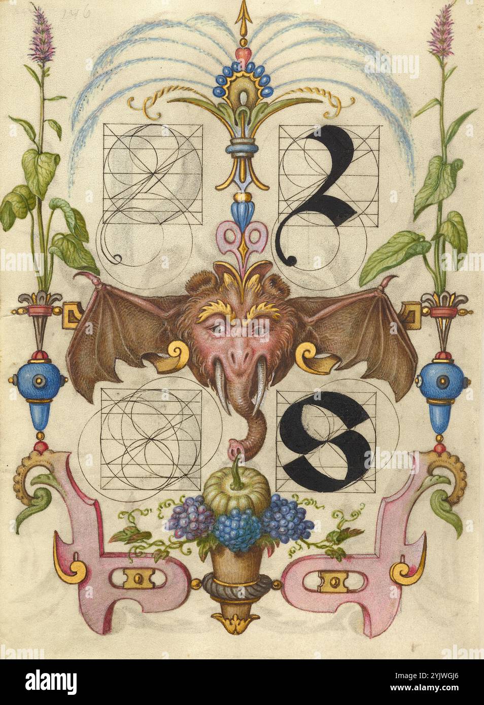 Guida per la costruzione delle lettere r e s; mira calligraphiae monumenta, circa 1591-1596. Informazioni aggiuntive: Negli anni '1500, quando la stampa divenne il metodo più comune per produrre libri, gli intellettuali apprezzarono sempre più l'inventiva degli scribi e le qualità estetiche della scrittura. Dal 1561 al 1562, Georg Bocskay, segretario di corte croato dell'imperatore Ferdinando i, creò questo modello di libro di calligrafia a Vienna per dimostrare la sua padronanza tecnica dell'immensa gamma di stili di scrittura a lui noti. Circa trent'anni dopo, l'imperatore Rodolfo II, nipote di Ferdinando, Foto Stock