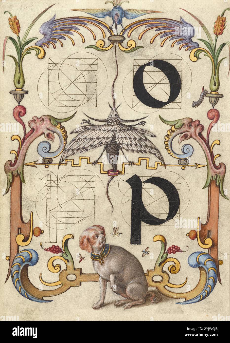 Guida per la costruzione delle lettere o e p; mira calligraphiae monumenta, circa 1591-1596. Informazioni aggiuntive: Negli anni '1500, quando la stampa divenne il metodo più comune per produrre libri, gli intellettuali apprezzarono sempre più l'inventiva degli scribi e le qualità estetiche della scrittura. Dal 1561 al 1562, Georg Bocskay, segretario di corte croato dell'imperatore Ferdinando i, creò questo modello di libro di calligrafia a Vienna per dimostrare la sua padronanza tecnica dell'immensa gamma di stili di scrittura a lui noti. Circa trent'anni dopo, l'imperatore Rodolfo II, nipote di Ferdinando, Foto Stock
