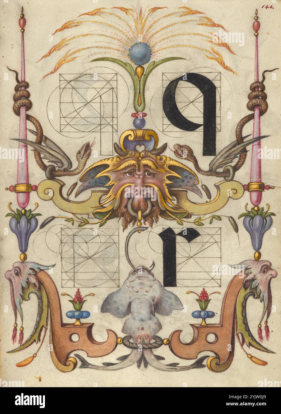 Guida per la costruzione delle lettere q e r; mira calligraphiae monumenta, circa 1591-1596. Informazioni aggiuntive: Negli anni '1500, quando la stampa divenne il metodo più comune per produrre libri, gli intellettuali apprezzarono sempre più l'inventiva degli scribi e le qualità estetiche della scrittura. Dal 1561 al 1562, Georg Bocskay, segretario di corte croato dell'imperatore Ferdinando i, creò questo modello di libro di calligrafia a Vienna per dimostrare la sua padronanza tecnica dell'immensa gamma di stili di scrittura a lui noti. Circa trent'anni dopo, l'imperatore Rodolfo II, nipote di Ferdinando, Foto Stock