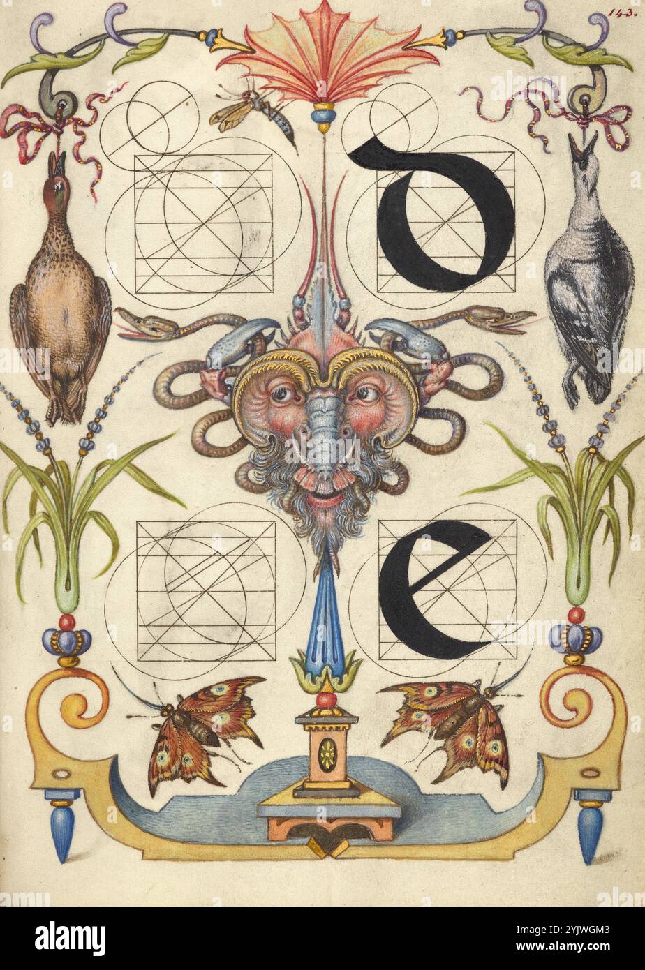 Guida per la costruzione delle lettere d ed e; mira calligraphiae monumenta, circa 1591-1596. Informazioni aggiuntive: Negli anni '1500, quando la stampa divenne il metodo più comune per produrre libri, gli intellettuali apprezzarono sempre più l'inventiva degli scribi e le qualità estetiche della scrittura. Dal 1561 al 1562, Georg Bocskay, segretario di corte croato dell'imperatore Ferdinando i, creò questo modello di libro di calligrafia a Vienna per dimostrare la sua padronanza tecnica dell'immensa gamma di stili di scrittura a lui noti. Circa trent'anni dopo, l'imperatore Rodolfo II, nipote di Ferdinando, Foto Stock