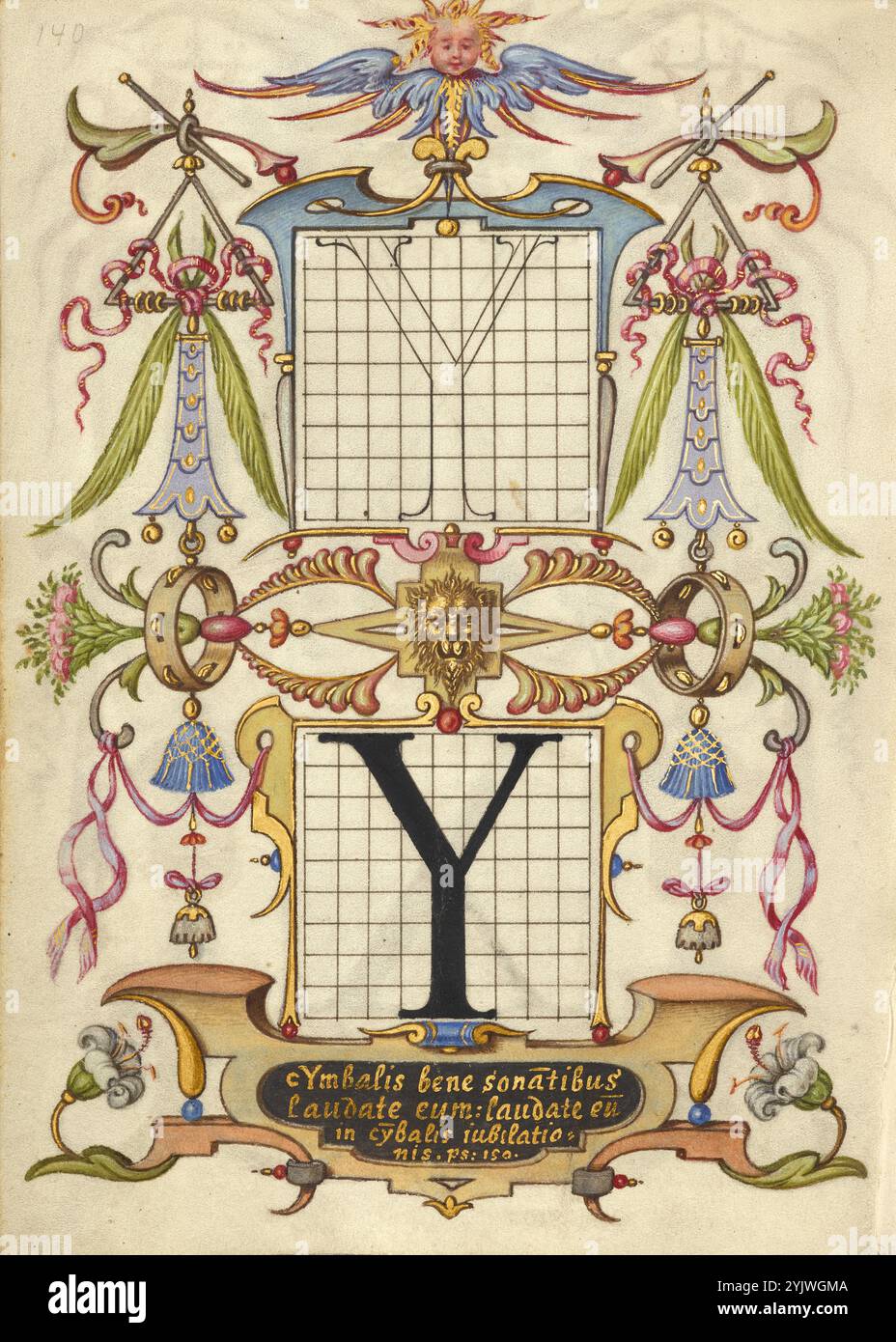 Guida per la costruzione della lettera Y; mira calligraphiae monumenta, circa 1591-1596. Informazioni aggiuntive: Negli anni '1500, quando la stampa divenne il metodo più comune per produrre libri, gli intellettuali apprezzarono sempre più l'inventiva degli scribi e le qualità estetiche della scrittura. Dal 1561 al 1562, Georg Bocskay, segretario di corte croato dell'imperatore Ferdinando i, creò questo modello di libro di calligrafia a Vienna per dimostrare la sua padronanza tecnica dell'immensa gamma di stili di scrittura a lui noti. Circa trent'anni dopo, l'imperatore Rodolfo II, nipote di Ferdinando, commis Foto Stock