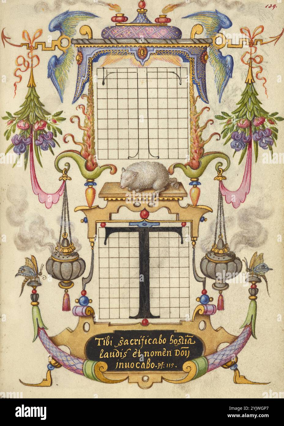 Guida per la costruzione della lettera T; mira calligraphiae monumenta, circa 1591-1596. Informazioni aggiuntive: Negli anni '1500, quando la stampa divenne il metodo più comune per produrre libri, gli intellettuali apprezzarono sempre più l'inventiva degli scribi e le qualità estetiche della scrittura. Dal 1561 al 1562, Georg Bocskay, segretario di corte croato dell'imperatore Ferdinando i, creò questo modello di libro di calligrafia a Vienna per dimostrare la sua padronanza tecnica dell'immensa gamma di stili di scrittura a lui noti. Circa trent'anni dopo, l'imperatore Rodolfo II, nipote di Ferdinando, commis Foto Stock