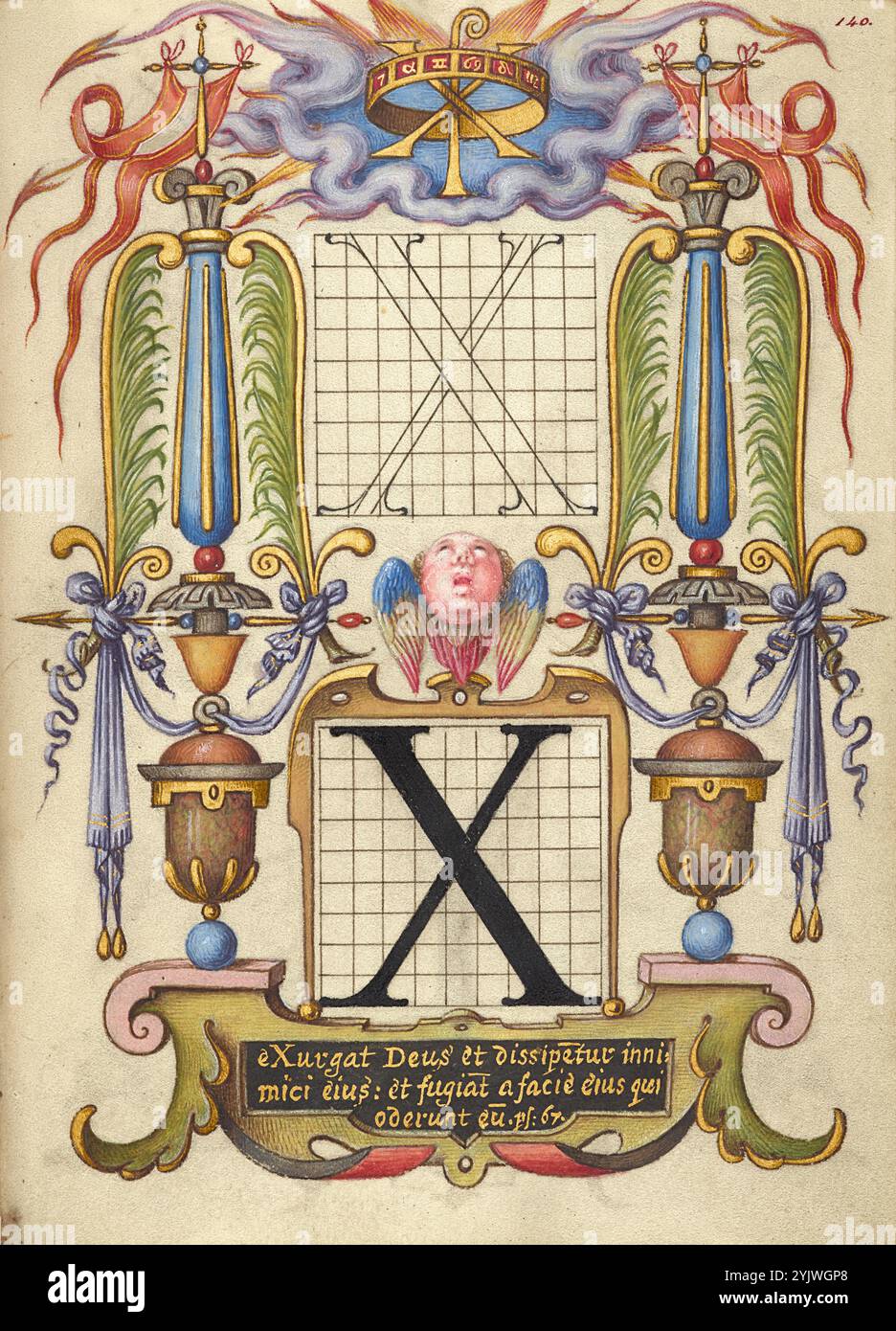 Guida per la costruzione della lettera X; mira calligraphiae monumenta, circa 1591-1596. Informazioni aggiuntive: Negli anni '1500, quando la stampa divenne il metodo più comune per produrre libri, gli intellettuali apprezzarono sempre più l'inventiva degli scribi e le qualità estetiche della scrittura. Dal 1561 al 1562, Georg Bocskay, segretario di corte croato dell'imperatore Ferdinando i, creò questo modello di libro di calligrafia a Vienna per dimostrare la sua padronanza tecnica dell'immensa gamma di stili di scrittura a lui noti. Circa trent'anni dopo, l'imperatore Rodolfo II, nipote di Ferdinando, commis Foto Stock