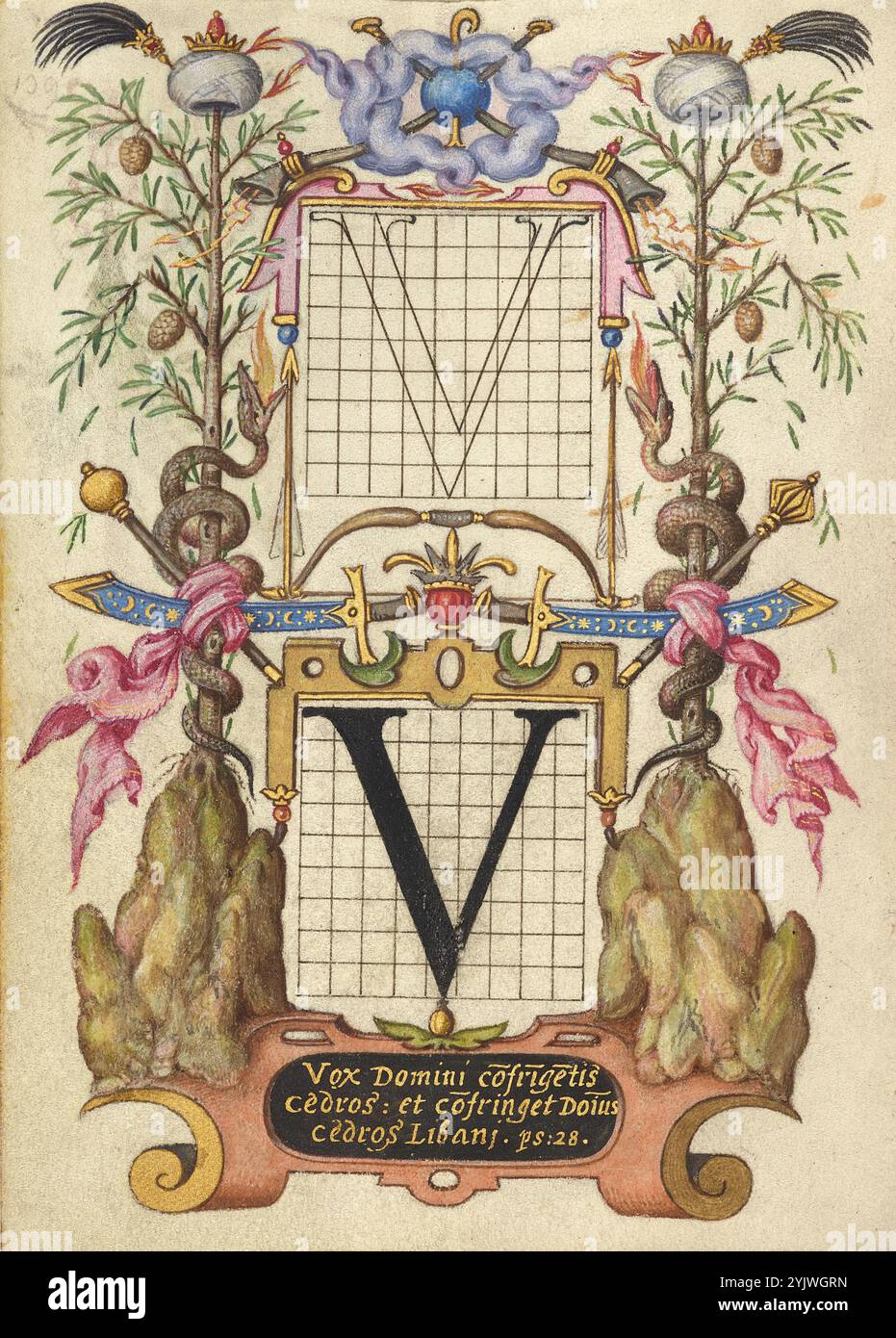 Guida per la costruzione della lettera V; mira calligraphiae monumenta, circa 1591-1596. Informazioni aggiuntive: Negli anni '1500, quando la stampa divenne il metodo più comune per produrre libri, gli intellettuali apprezzarono sempre più l'inventiva degli scribi e le qualità estetiche della scrittura. Dal 1561 al 1562, Georg Bocskay, segretario di corte croato dell'imperatore Ferdinando i, creò questo modello di libro di calligrafia a Vienna per dimostrare la sua padronanza tecnica dell'immensa gamma di stili di scrittura a lui noti. Circa trent'anni dopo, l'imperatore Rodolfo II, nipote di Ferdinando, commis Foto Stock