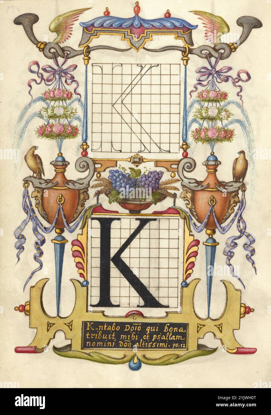 Guida per la costruzione della lettera K; mira calligraphiae monumenta, circa 1591-1596. Informazioni aggiuntive: Negli anni '1500, quando la stampa divenne il metodo più comune per produrre libri, gli intellettuali apprezzarono sempre più l'inventiva degli scribi e le qualità estetiche della scrittura. Dal 1561 al 1562, Georg Bocskay, segretario di corte croato dell'imperatore Ferdinando i, creò questo modello di libro di calligrafia a Vienna per dimostrare la sua padronanza tecnica dell'immensa gamma di stili di scrittura a lui noti. Circa trent'anni dopo, l'imperatore Rodolfo II, nipote di Ferdinando, commis Foto Stock