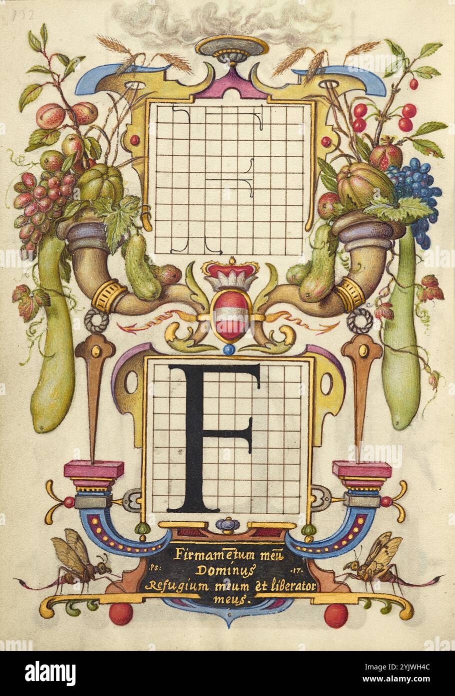 Guida per la costruzione della lettera F; mira calligraphiae monumenta, circa 1591-1596. Informazioni aggiuntive: Negli anni '1500, quando la stampa divenne il metodo più comune per produrre libri, gli intellettuali apprezzarono sempre più l'inventiva degli scribi e le qualità estetiche della scrittura. Dal 1561 al 1562, Georg Bocskay, segretario di corte croato dell'imperatore Ferdinando i, creò questo modello di libro di calligrafia a Vienna per dimostrare la sua padronanza tecnica dell'immensa gamma di stili di scrittura a lui noti. Circa trent'anni dopo, l'imperatore Rodolfo II, nipote di Ferdinando, commis Foto Stock