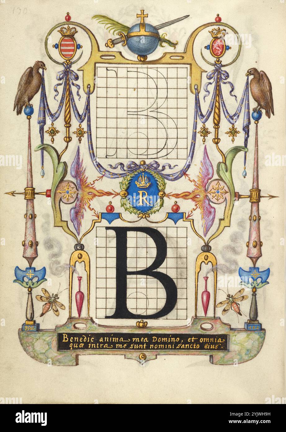 Guida per la costruzione della lettera B; mira calligraphiae monumenta, circa 1591-1596. Informazioni aggiuntive: Negli anni '1500, quando la stampa divenne il metodo più comune per produrre libri, gli intellettuali apprezzarono sempre più l'inventiva degli scribi e le qualità estetiche della scrittura. Dal 1561 al 1562, Georg Bocskay, segretario di corte croato dell'imperatore Ferdinando i, creò questo modello di libro di calligrafia a Vienna per dimostrare la sua padronanza tecnica dell'immensa gamma di stili di scrittura a lui noti. Circa trent'anni dopo, l'imperatore Rodolfo II, nipote di Ferdinando, commis Foto Stock
