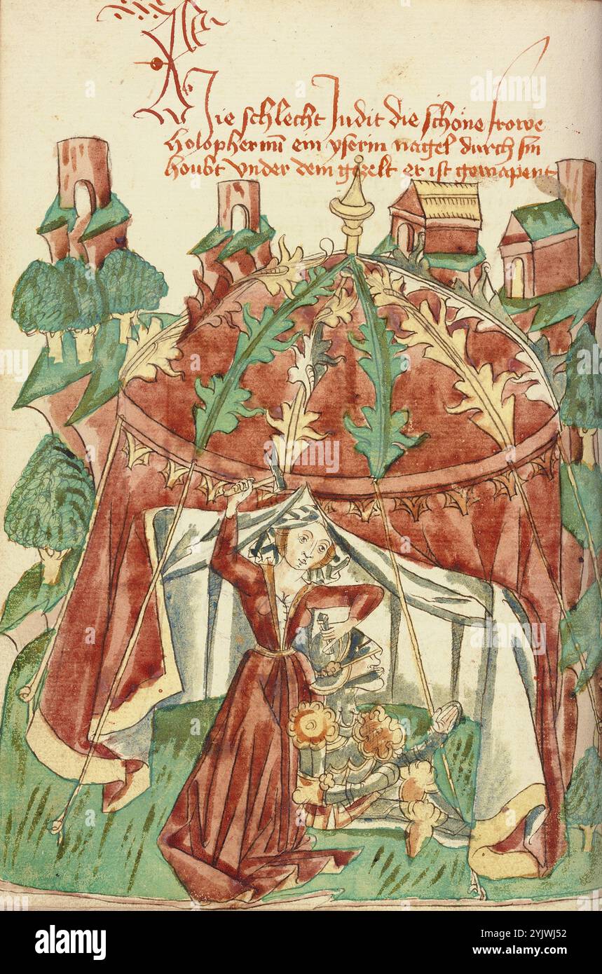 Judith Slaying Holofernes (Jael Slaying Sisera); Barlaam und Josaphat, 1469. Illustrazione da "Barlaam und Josaphat", una storia d'amore in versi, di Rudolf von EMS. Barlaam e Josaphat, noti anche come Bilawhar e Budhasaf, erano santi cristiani la cui storia era basata sulla vita del Buddha Gautama. Secondo la leggenda, un re indiano perseguitò la Chiesa cristiana nel suo regno. Dopo che gli astrologi predissero che suo figlio sarebbe diventato un giorno cristiano, il re imprigionò il giovane principe Josaphat, che tuttavia incontrò l'eremita San Barlaam e si convertì al cristianesimo. A distanza Foto Stock