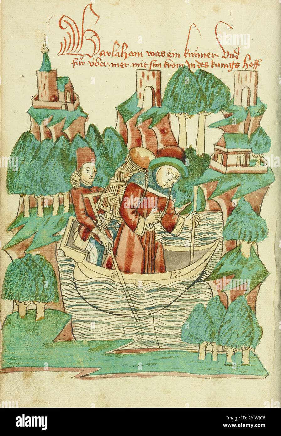 Barlaam, che porta una spalla, attraversa un fiume; Barlaam und Josaphat, 1469. Illustrazione da "Barlaam und Josaphat", una storia d'amore in versi, di Rudolf von EMS. Barlaam e Josaphat, noti anche come Bilawhar e Budhasaf, erano santi cristiani la cui storia era basata sulla vita del Buddha Gautama. Secondo la leggenda, un re indiano perseguitò la Chiesa cristiana nel suo regno. Dopo che gli astrologi predissero che suo figlio sarebbe diventato un giorno cristiano, il re imprigionò il giovane principe Josaphat, che tuttavia incontrò l'eremita San Barlaam e si convertì al cristianesimo. A. Foto Stock