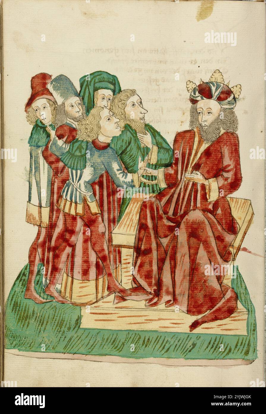 Re Avenir si converte con i suoi cortigiani; Barlaam und Josaphat, 1469. Illustrazione da "Barlaam und Josaphat", una storia d'amore in versi, di Rudolf von EMS. Barlaam e Josaphat, noti anche come Bilawhar e Budhasaf, erano santi cristiani la cui storia era basata sulla vita del Buddha Gautama. Secondo la leggenda, un re indiano perseguitò la Chiesa cristiana nel suo regno. Dopo che gli astrologi predissero che suo figlio sarebbe diventato un giorno cristiano, il re imprigionò il giovane principe Josaphat, che tuttavia incontrò l'eremita San Barlaam e si convertì al cristianesimo. Dopo molto Foto Stock