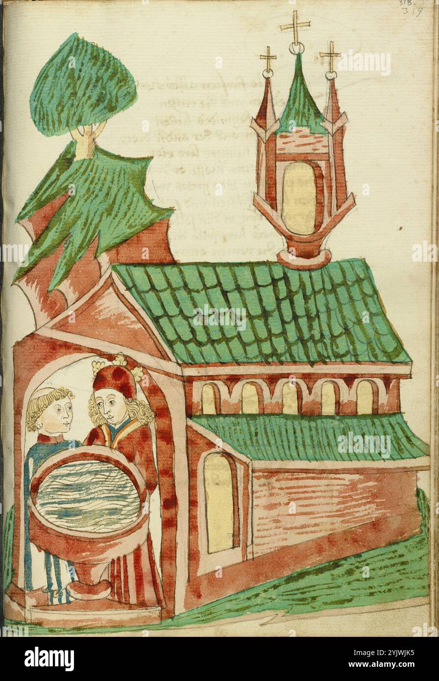 Josaphat e a Priest Near a Church Baptismal font; Barlaam und Josaphat, 1469. Illustrazione da "Barlaam und Josaphat", una storia d'amore in versi, di Rudolf von EMS. Barlaam e Josaphat, noti anche come Bilawhar e Budhasaf, erano santi cristiani la cui storia era basata sulla vita del Buddha Gautama. Secondo la leggenda, un re indiano perseguitò la Chiesa cristiana nel suo regno. Dopo che gli astrologi predissero che suo figlio sarebbe diventato un giorno cristiano, il re imprigionò il giovane principe Josaphat, che tuttavia incontrò l'eremita San Barlaam e si convertì al cristianesimo. A. Foto Stock