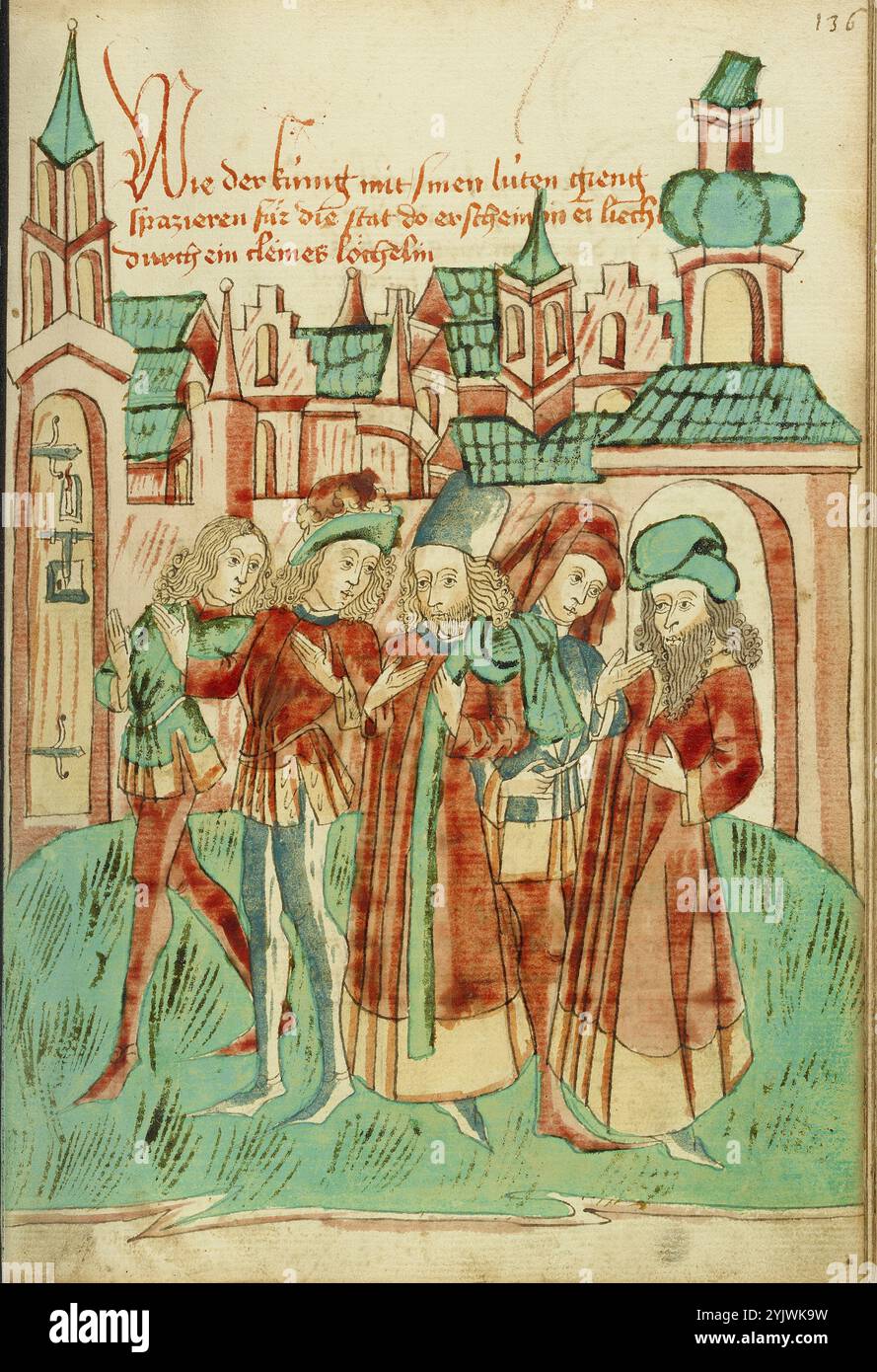 Il re con la sua corte che passeggiava fuori dalla città vede una luce in un'apertura porta; Barlaam und Josaphat, 1469. Illustrazione da "Barlaam und Josaphat", una storia d'amore in versi, di Rudolf von EMS. Barlaam e Josaphat, noti anche come Bilawhar e Budhasaf, erano santi cristiani la cui storia era basata sulla vita del Buddha Gautama. Secondo la leggenda, un re indiano perseguitò la Chiesa cristiana nel suo regno. Dopo che gli astrologi predissero che suo figlio sarebbe diventato un giorno cristiano, il re imprigionò il giovane principe Josaphat, che tuttavia incontrò l'eremita San Barlaam Foto Stock