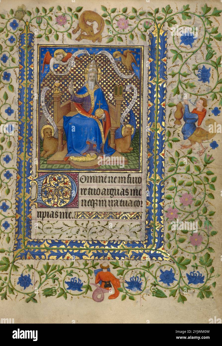 Il Signore in trono tra gli altare della nuova e della Vecchia legge; Libro delle ore, circa 1410. Dio indossa una tiara papale. Seguace del Maestro Boucicaut. Foto Stock