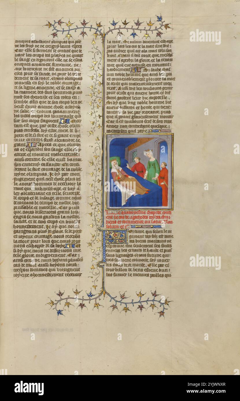 Agatocle ordina alla moglie e ai figli di fuggire in Egitto; Des cas des nobles hommes et femmes, circa 1413-1415. Ulteriori informazioni: Con gli occhi pieni di lacrime, Agatocle, re di Sicilia, costretto a letto, ordina alla moglie di lasciarlo e tornare in Egitto con i loro due figli. Nonostante le sue precedenti lotte per raggiungere il trono, una vera storia stracci-ricchezza, egli piangeva nobilmente non per la perdita del suo regno ma per la sua famiglia. Anche se nato figlio di un vasaio, Agatocle aveva usato il suo fascino, la sua intelligenza politica e la sua spietatezza per diventare tiranno di Siracusa e re autoproclamato di Sicilia. Quando ha sofferto un painfu Foto Stock