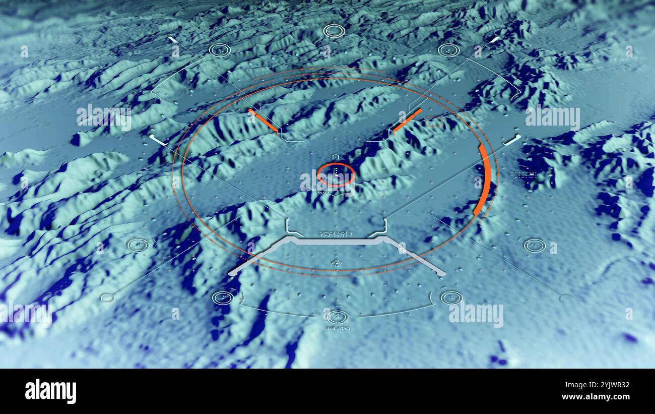 Azione bellica, vista del terreno con droni. Obiettivi strategici. Radar e aerei nemici. Vista notturna satellitare. Sorveglianza delle frontiere. Mappa. rendering 3d Foto Stock